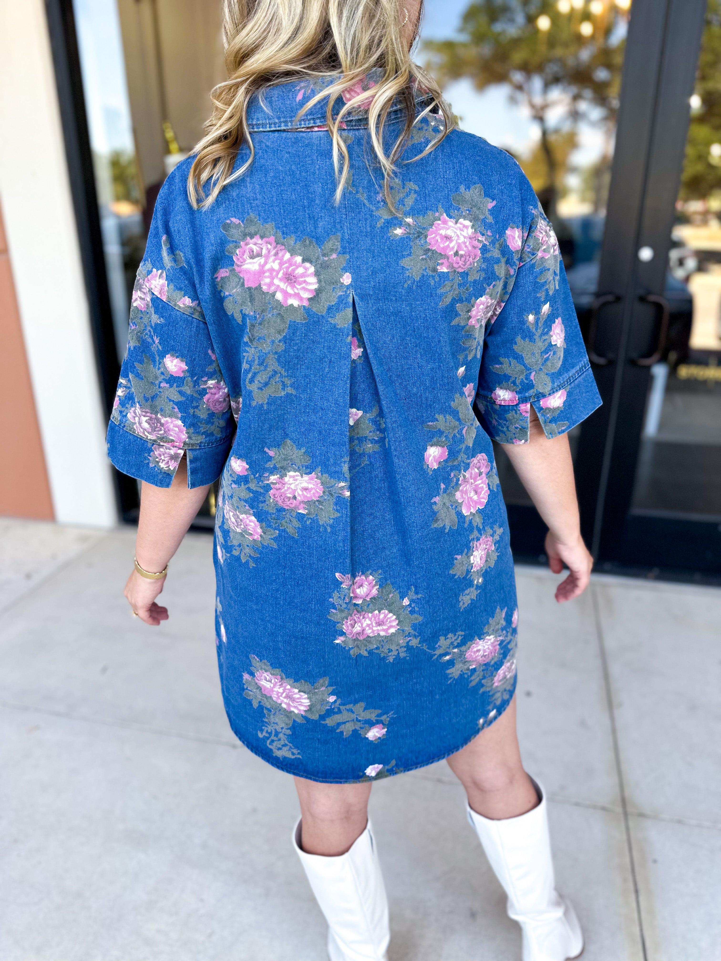 Feminine Floral Denim Mini Dress-510 Mini-ENTRO-July & June Women's Fashion Boutique Located in San Antonio, Texas