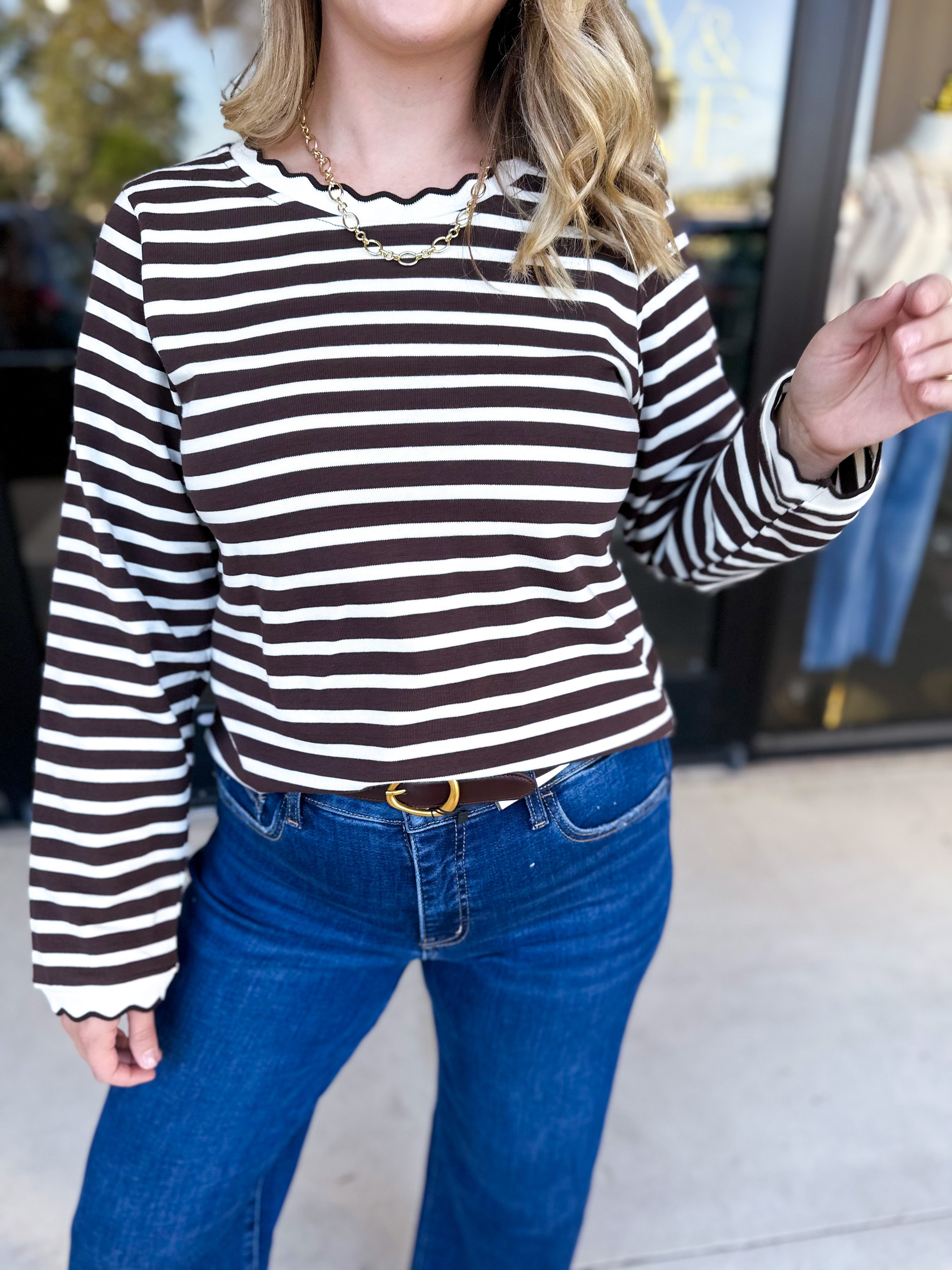 Chocolate Stripe Long Sleeve Top-210 Casual Blouses-POLOGRAM-July & June Women's Fashion Boutique Located in San Antonio, Texas