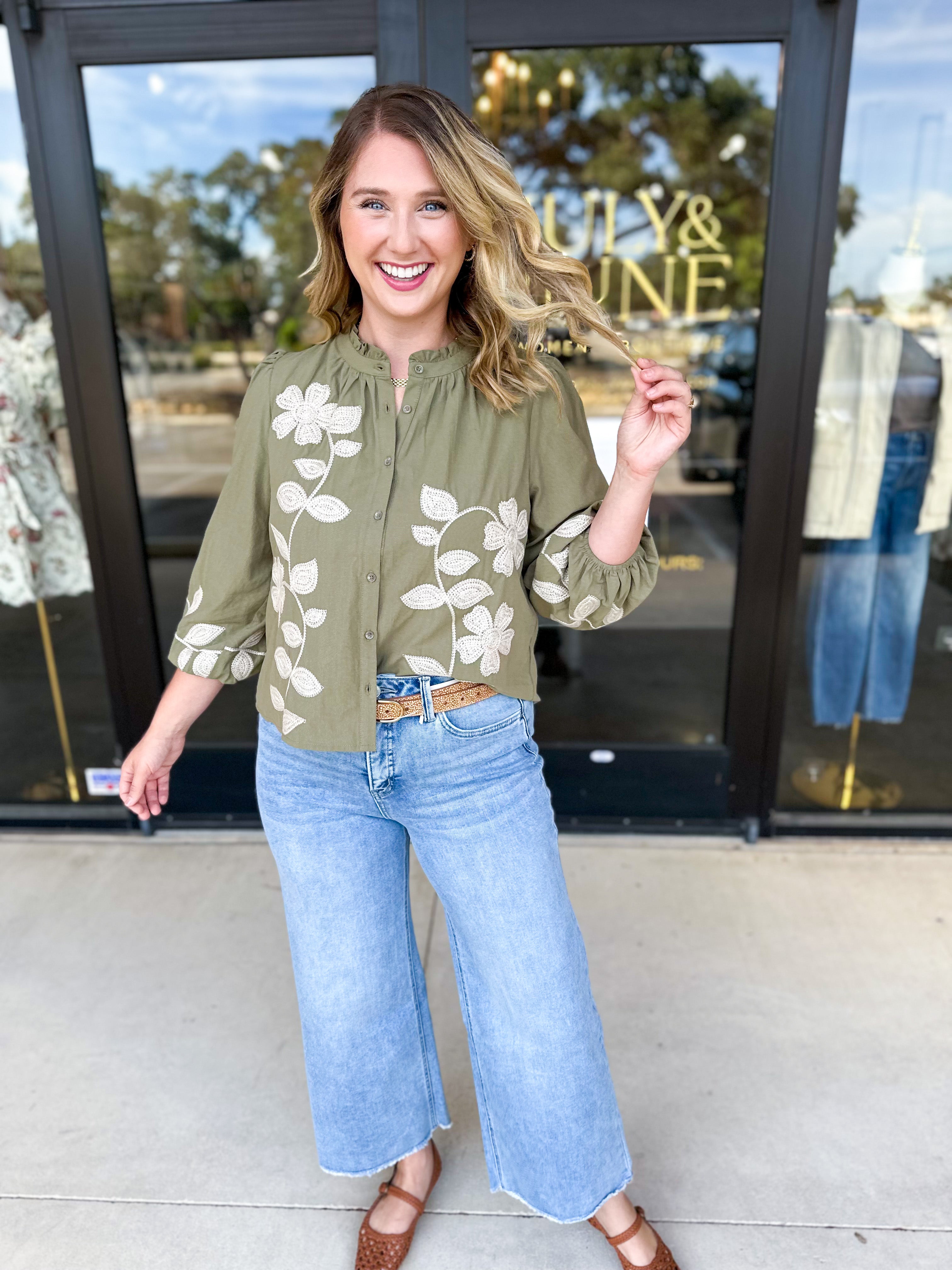 Mallory Embroidered Blouse - Light Olive-200 Fashion Blouses-ABLE-July & June Women's Fashion Boutique Located in San Antonio, Texas