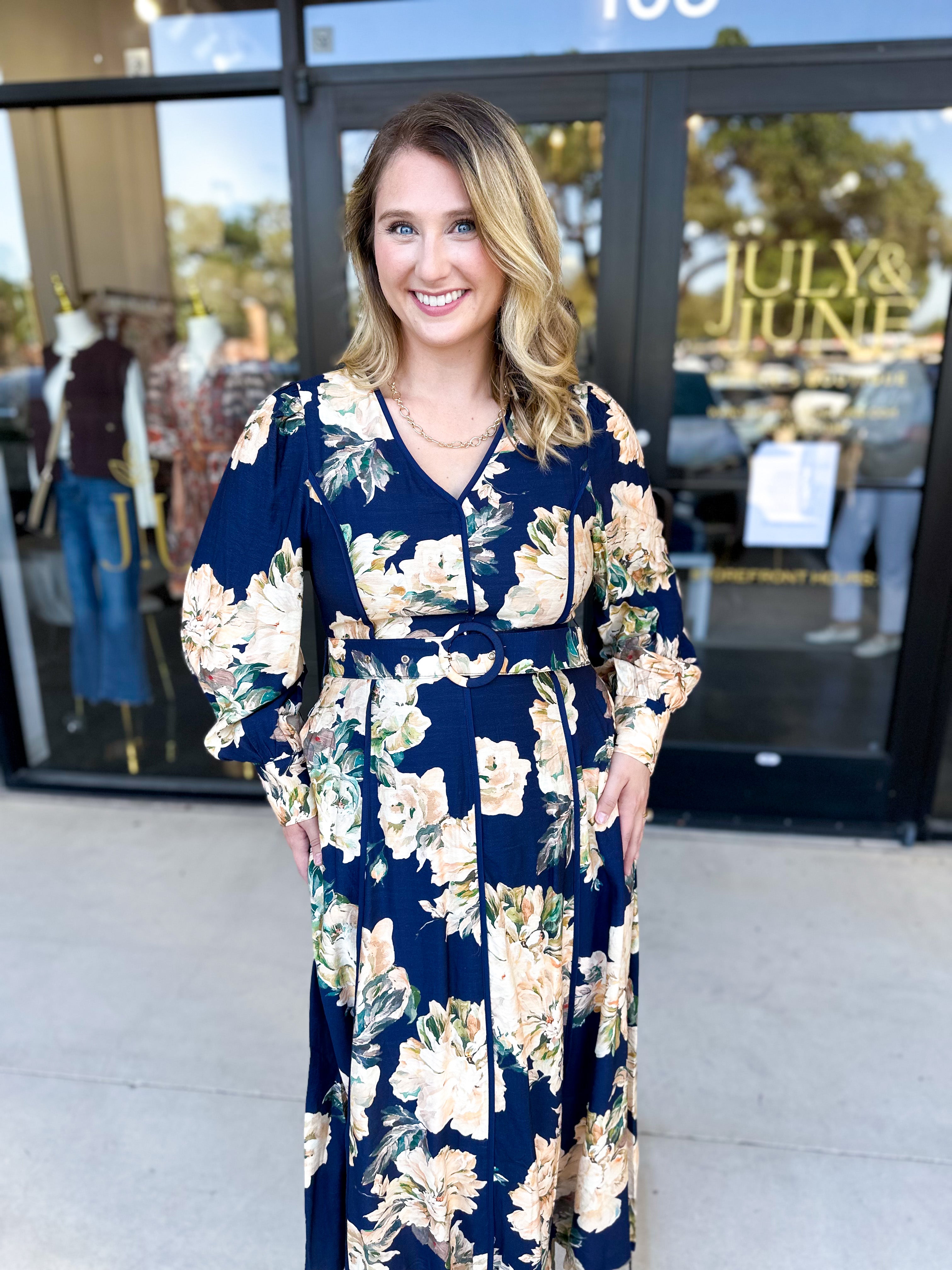 Fall Meadows Midi Dress - Midnight Blue-500 Midi-ENTRO-July & June Women's Fashion Boutique Located in San Antonio, Texas