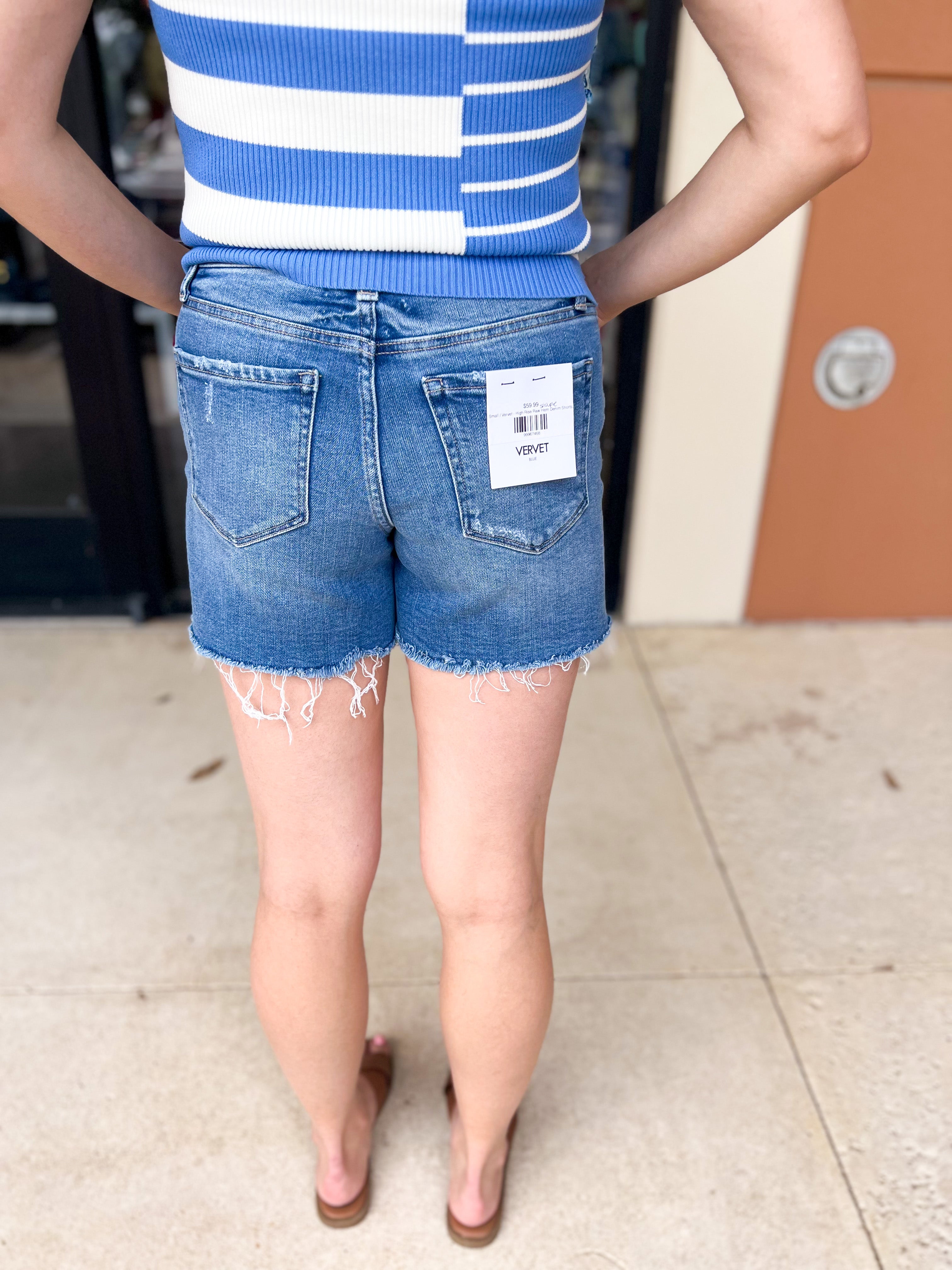 Vervet - High Rise Raw Hem Staple Denim Shorts-410 Shorts/Skirts-VEVERT BY FLYING MONKEY-July & June Women's Fashion Boutique Located in San Antonio, Texas