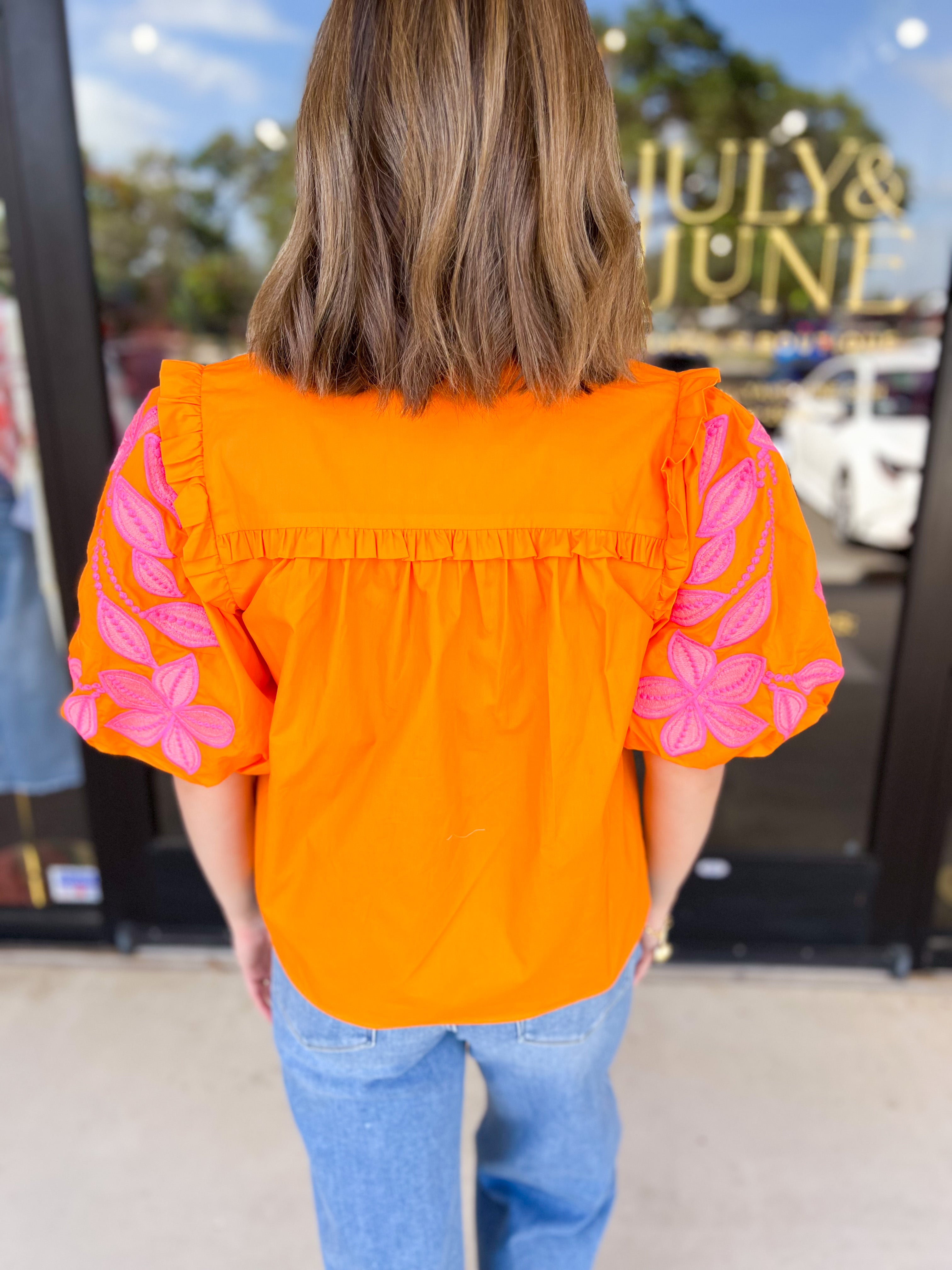 THML - Bold Citrus Embroidered Blouse-200 Fashion Blouses-THML-July & June Women's Fashion Boutique Located in San Antonio, Texas