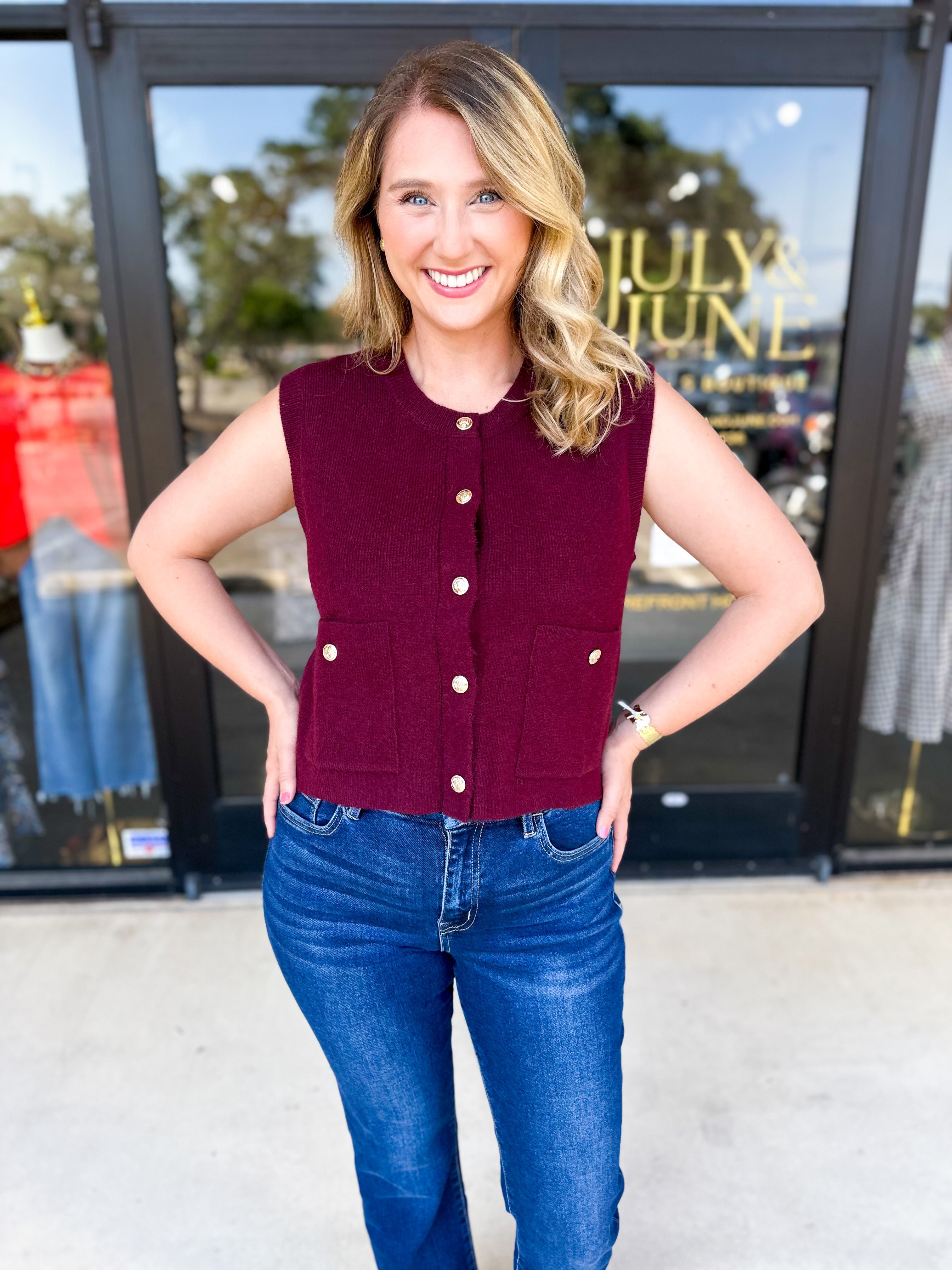 Classic Chic Knit Vest - Wine-230 Sweaters/Cardis-ENTRO-July & June Women's Fashion Boutique Located in San Antonio, Texas