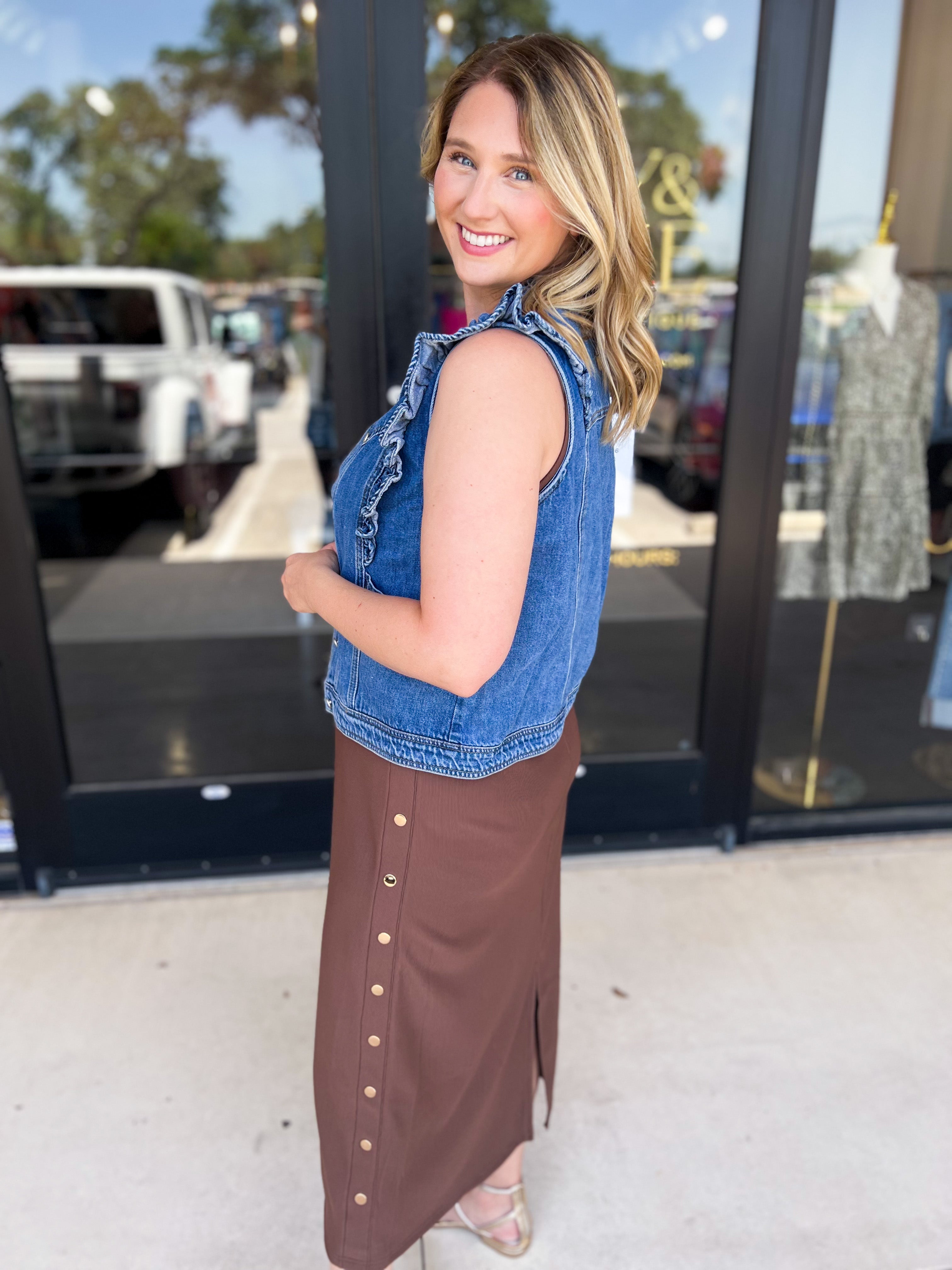 Ruffled Denim Vest-600 Outerwear-LISTICLE-July & June Women's Fashion Boutique Located in San Antonio, Texas