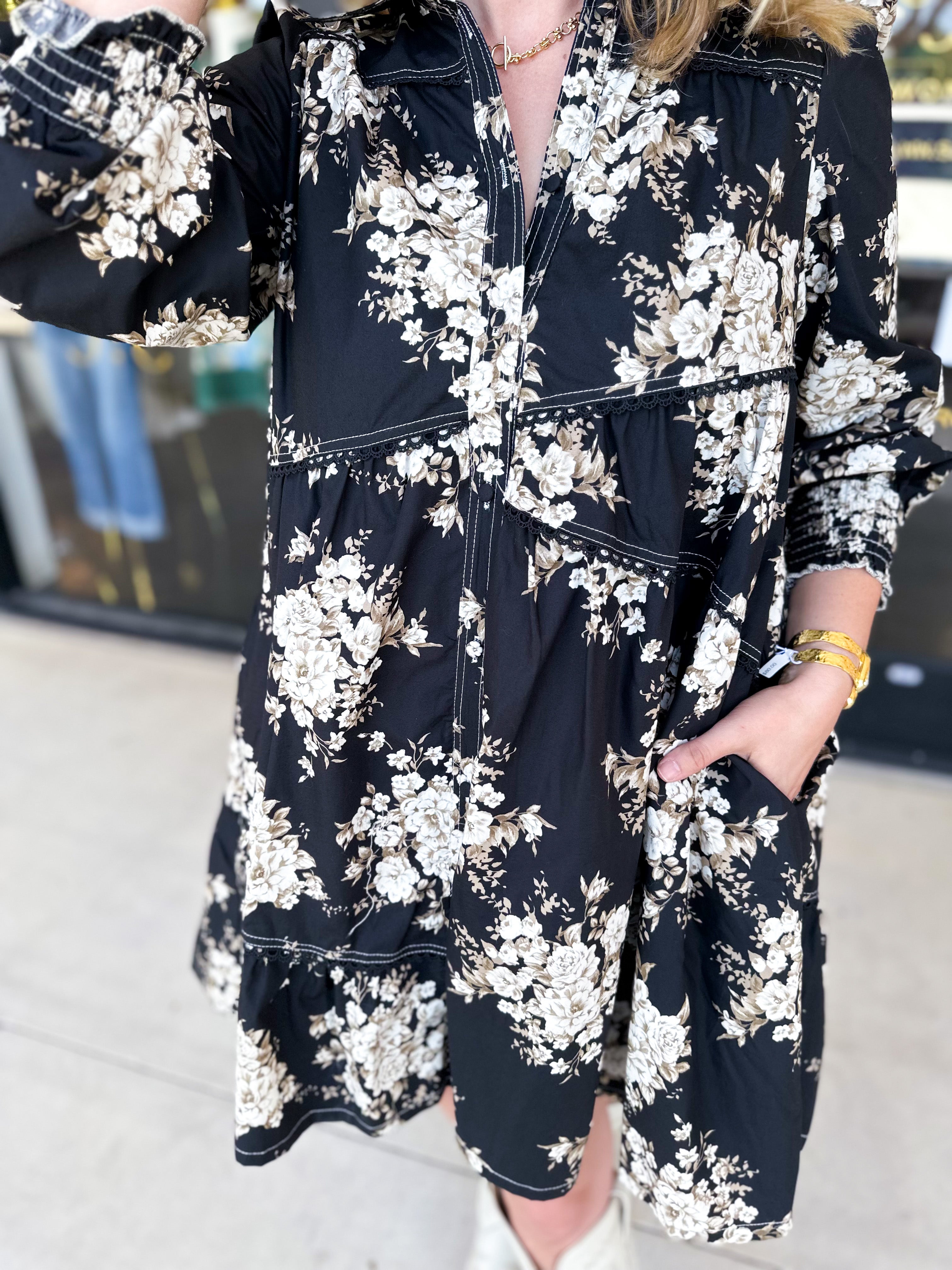 Black & Taupe Vintage Floral Mini Dress-510 Mini-LISTICLE-July & June Women's Fashion Boutique Located in San Antonio, Texas