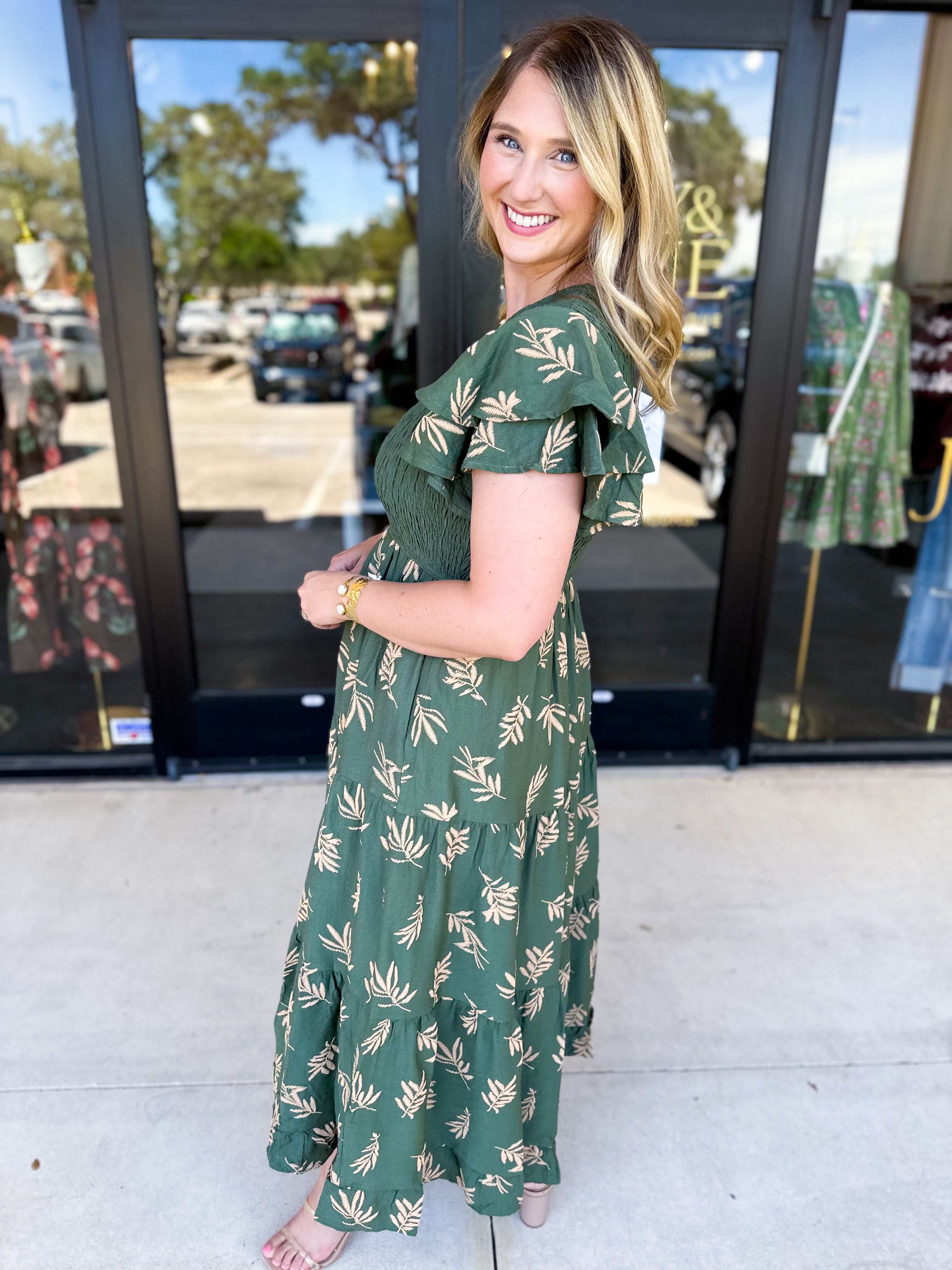 Dusty Green Embroidered Midi Dress-500 Midi-POLOGRAM-July & June Women's Fashion Boutique Located in San Antonio, Texas