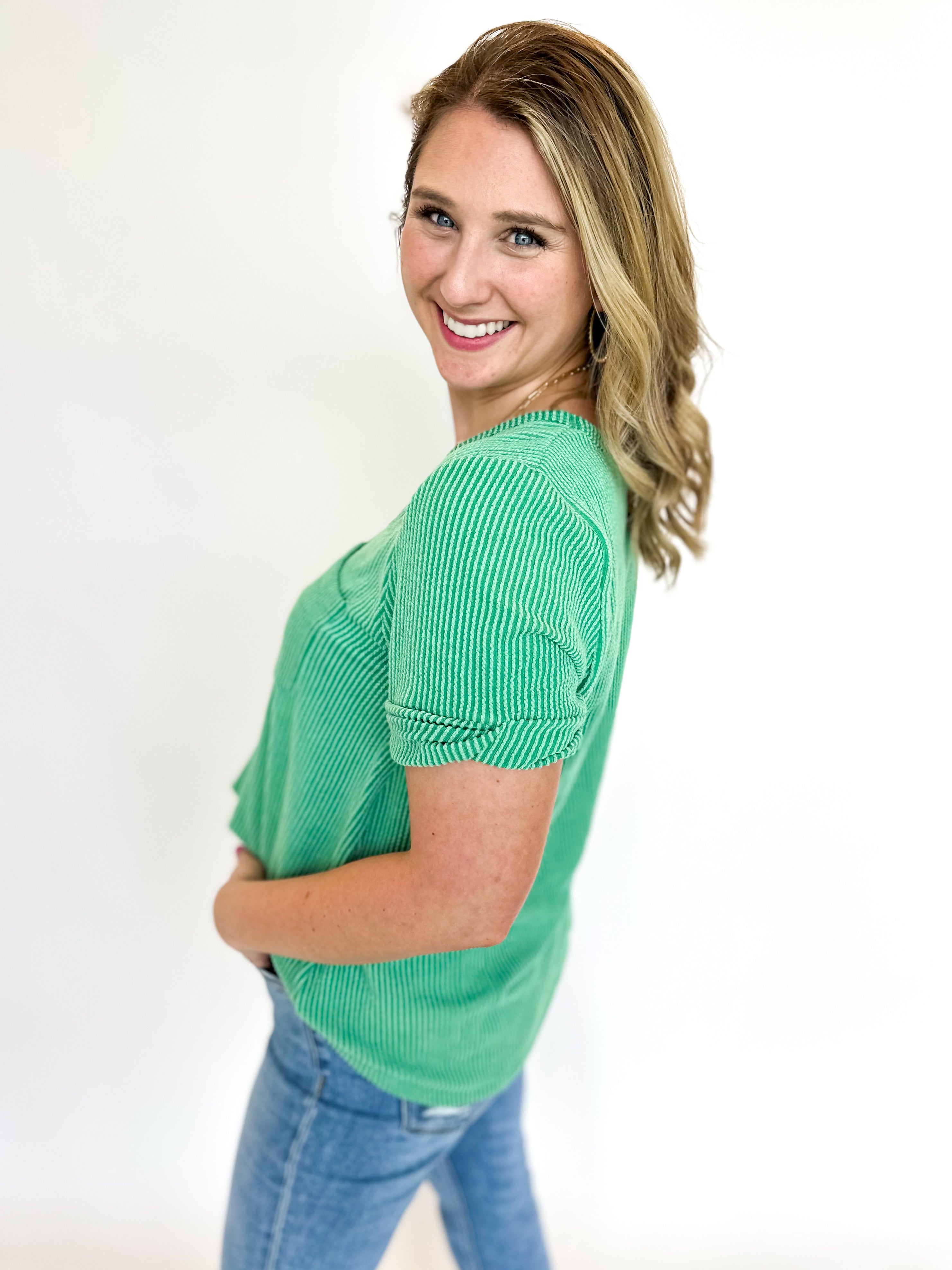 Ribbed V-Neck Tee - Jade Green-210 Casual Blouses-ENTRO-July & June Women's Fashion Boutique Located in San Antonio, Texas