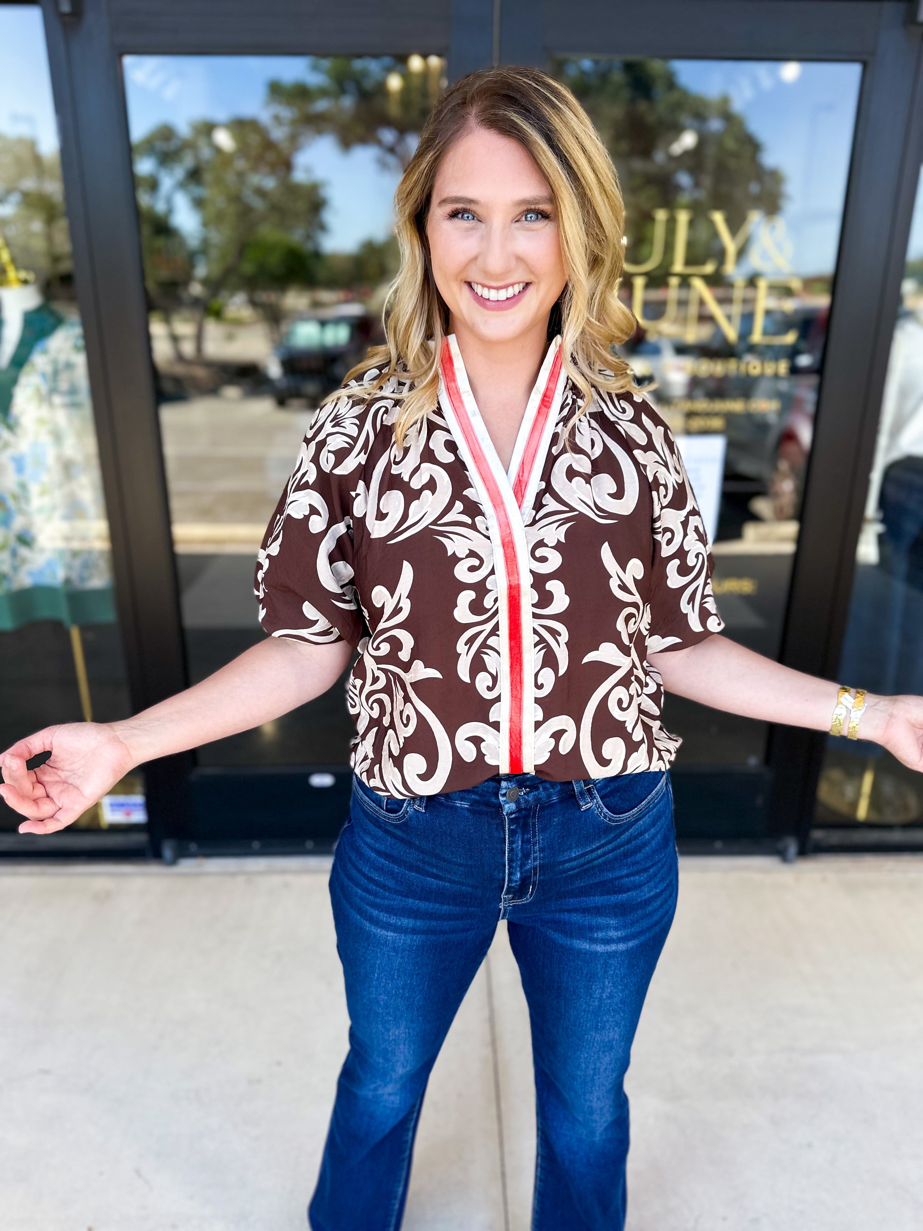 THML - Mocha Scroll Blouse-200 Fashion Blouses-THML-July & June Women's Fashion Boutique Located in San Antonio, Texas