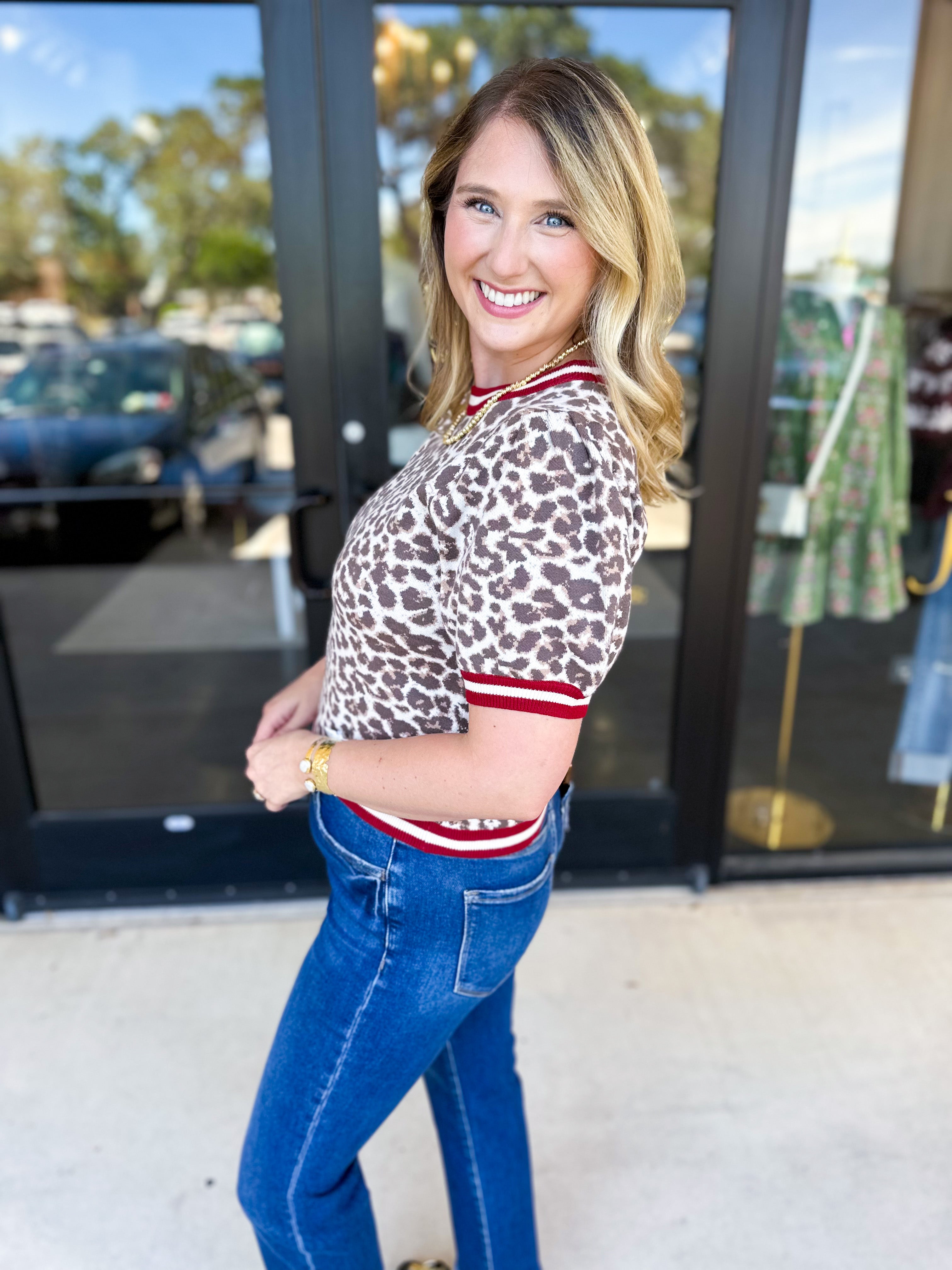 Varsity Leopard Sweater Top - Red-210 Casual Blouses-ENTRO-July & June Women's Fashion Boutique Located in San Antonio, Texas