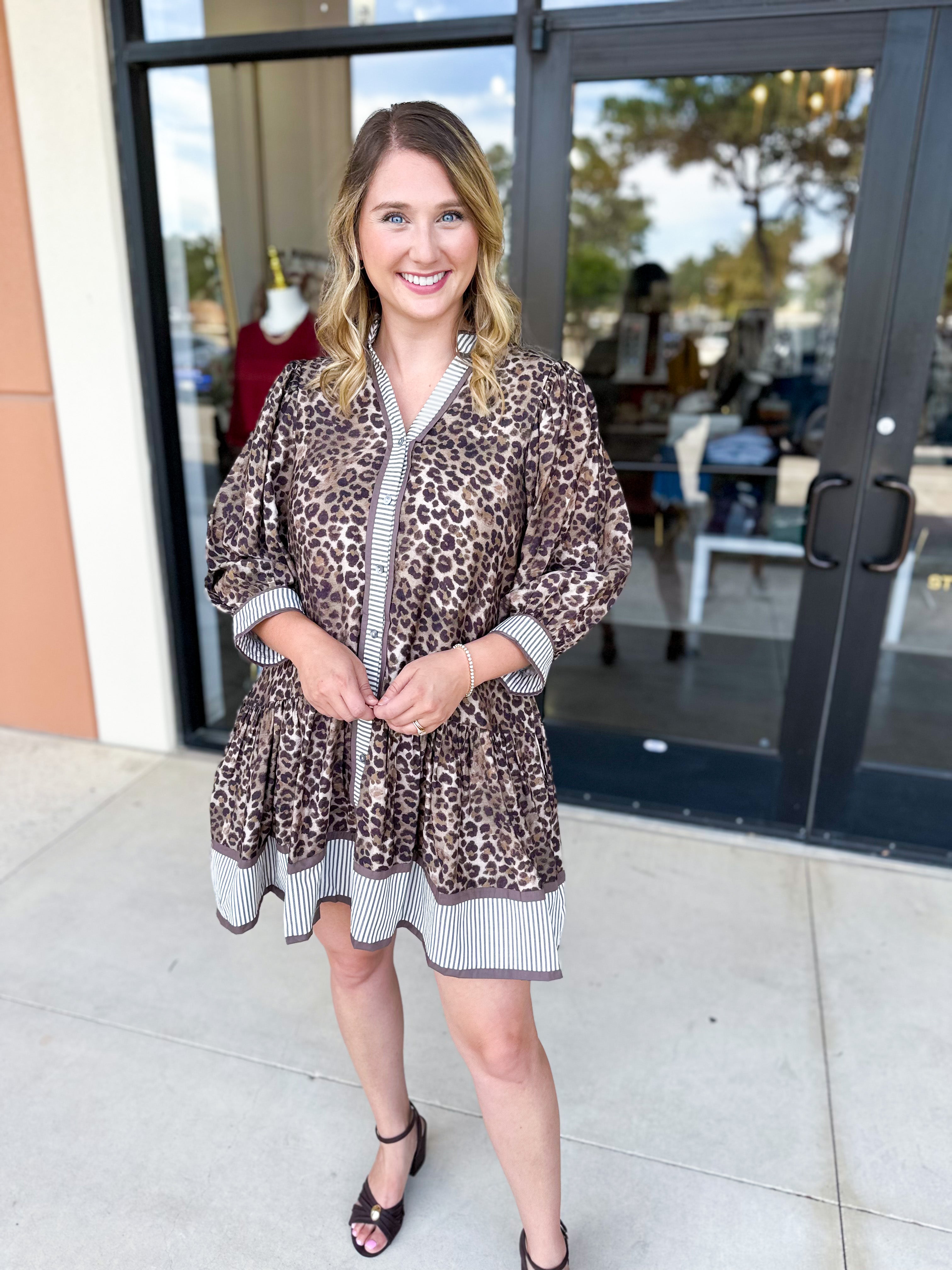 Leopard Button Down Mini Dress-510 Mini-ENTRO-July & June Women's Fashion Boutique Located in San Antonio, Texas