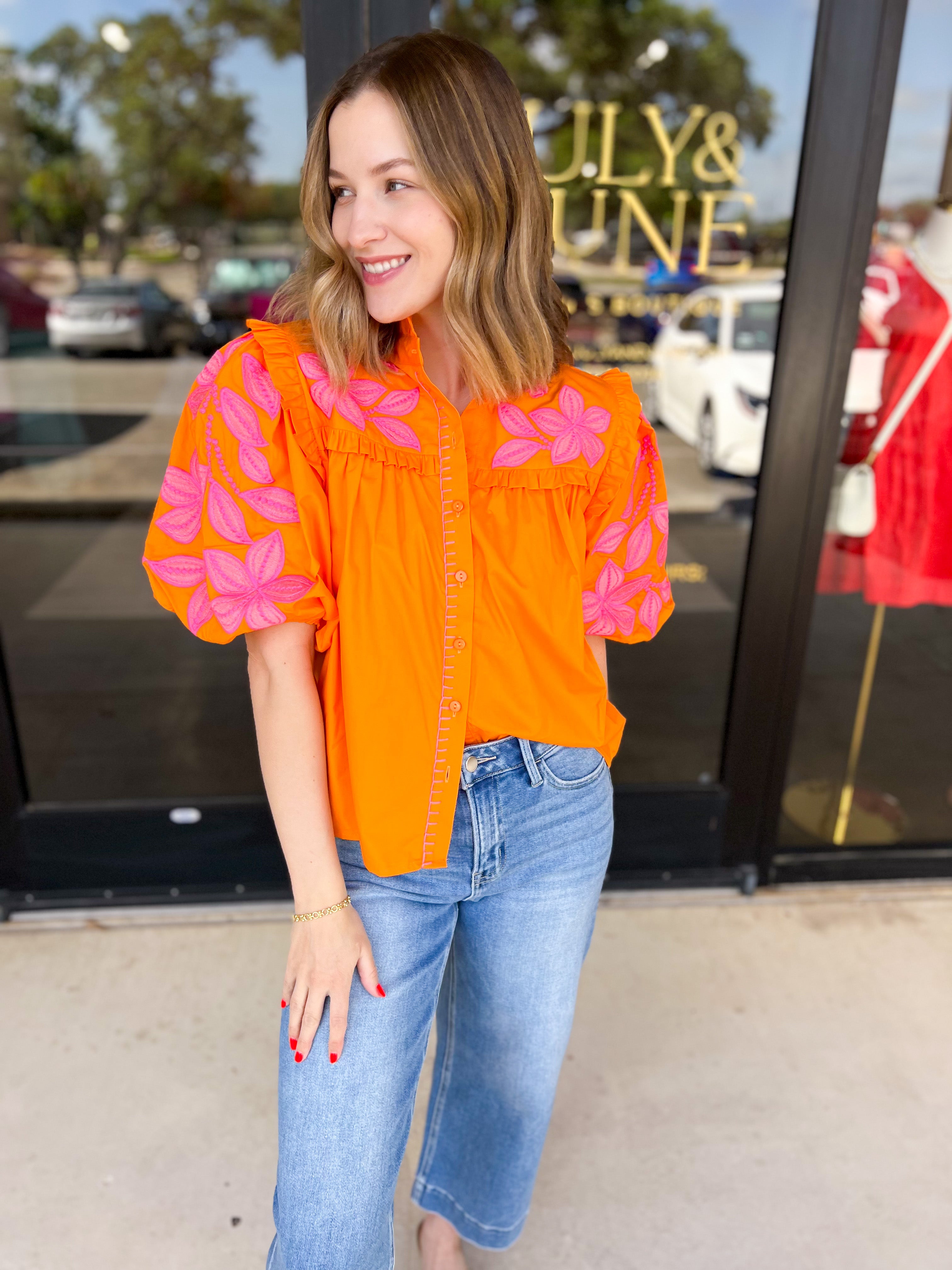 THML - Bold Citrus Embroidered Blouse-200 Fashion Blouses-THML-July & June Women's Fashion Boutique Located in San Antonio, Texas
