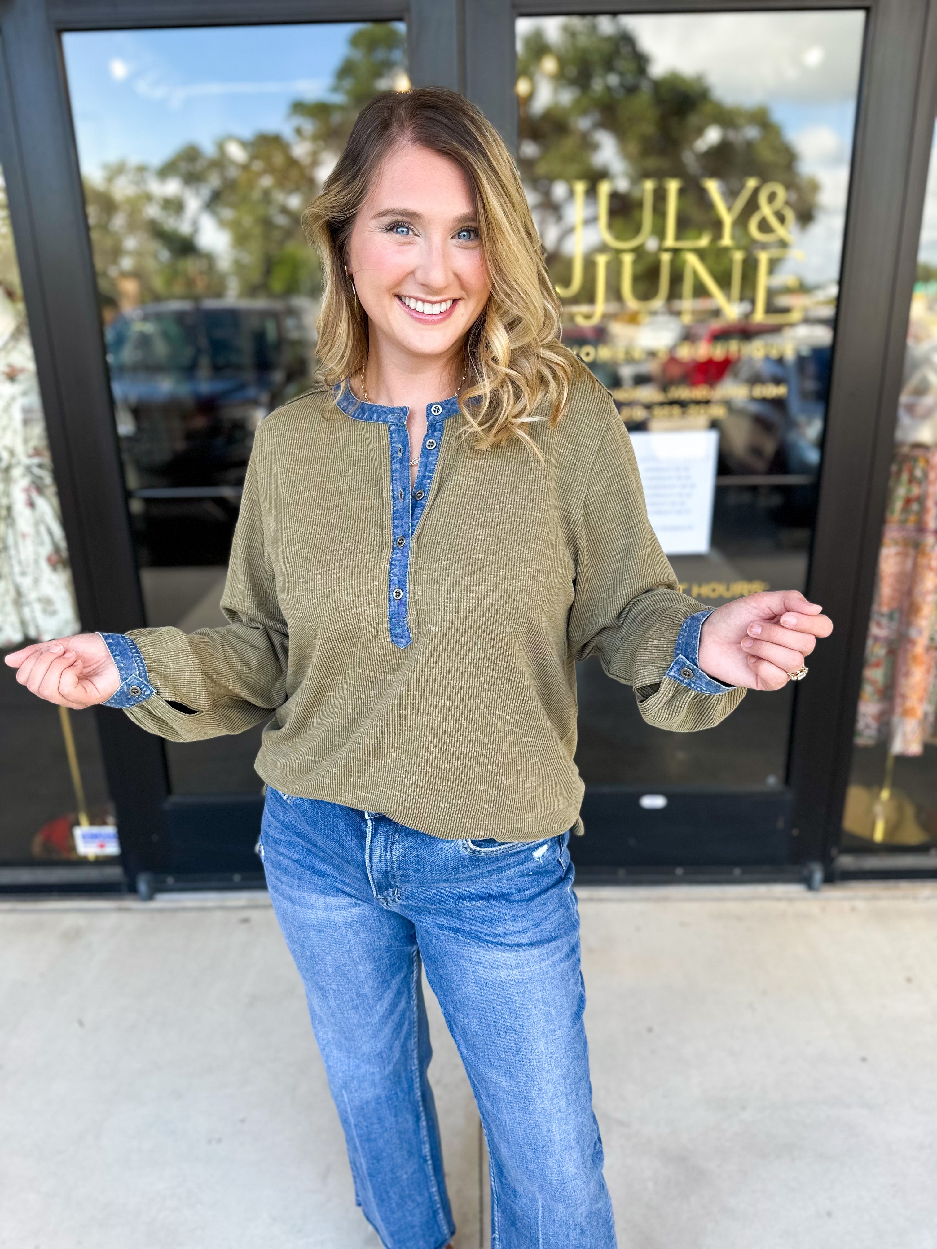 Olive & Denim Details Long Sleeve Top-210 Casual Blouses-JODIFL-July & June Women's Fashion Boutique Located in San Antonio, Texas