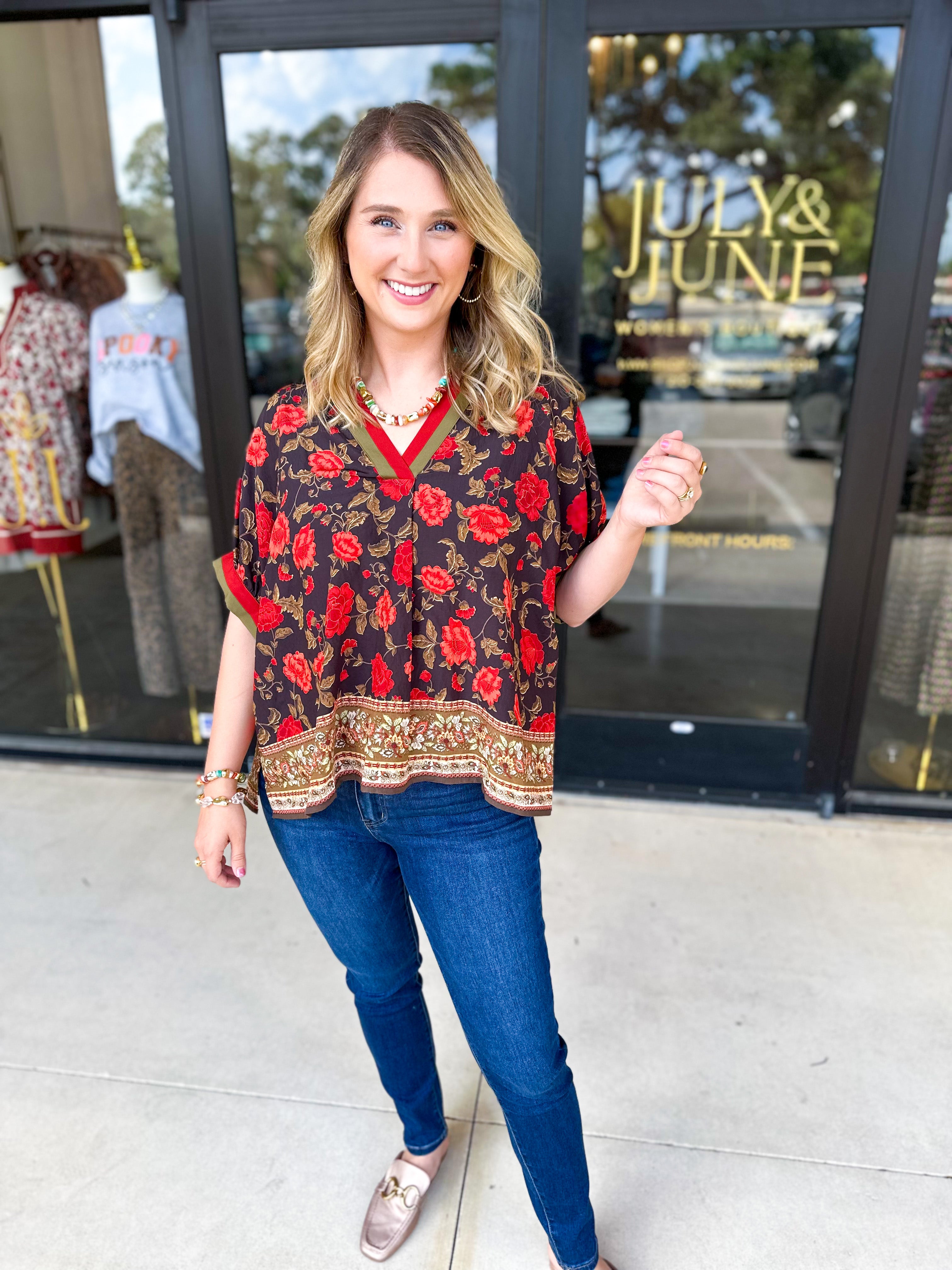 Fall Garden Blouse - Black-200 Fashion Blouses-ENTRO-July & June Women's Fashion Boutique Located in San Antonio, Texas