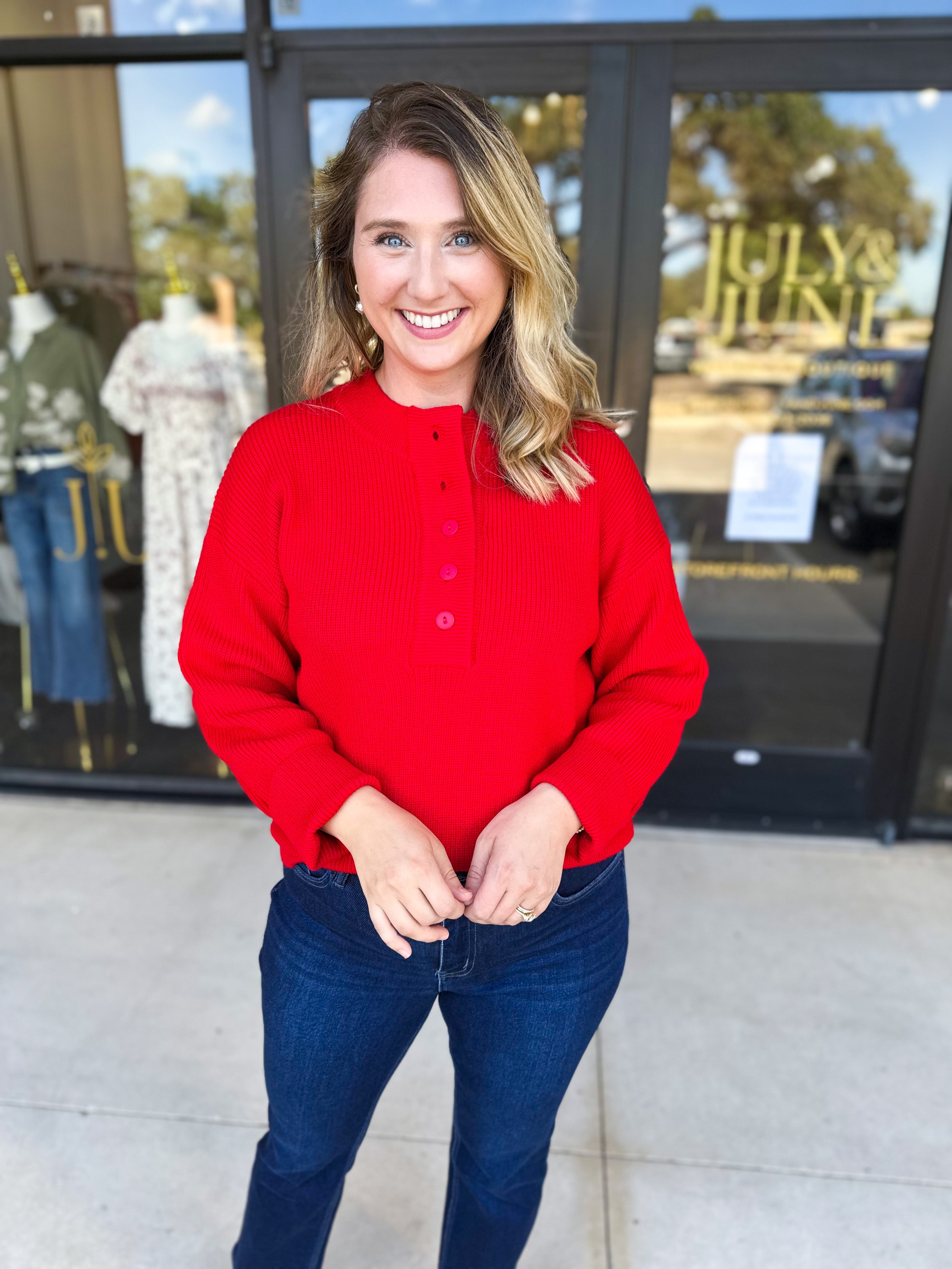 The Everyday Henley Sweater - Red-230 Sweaters/Cardis-JODIFL-July & June Women's Fashion Boutique Located in San Antonio, Texas