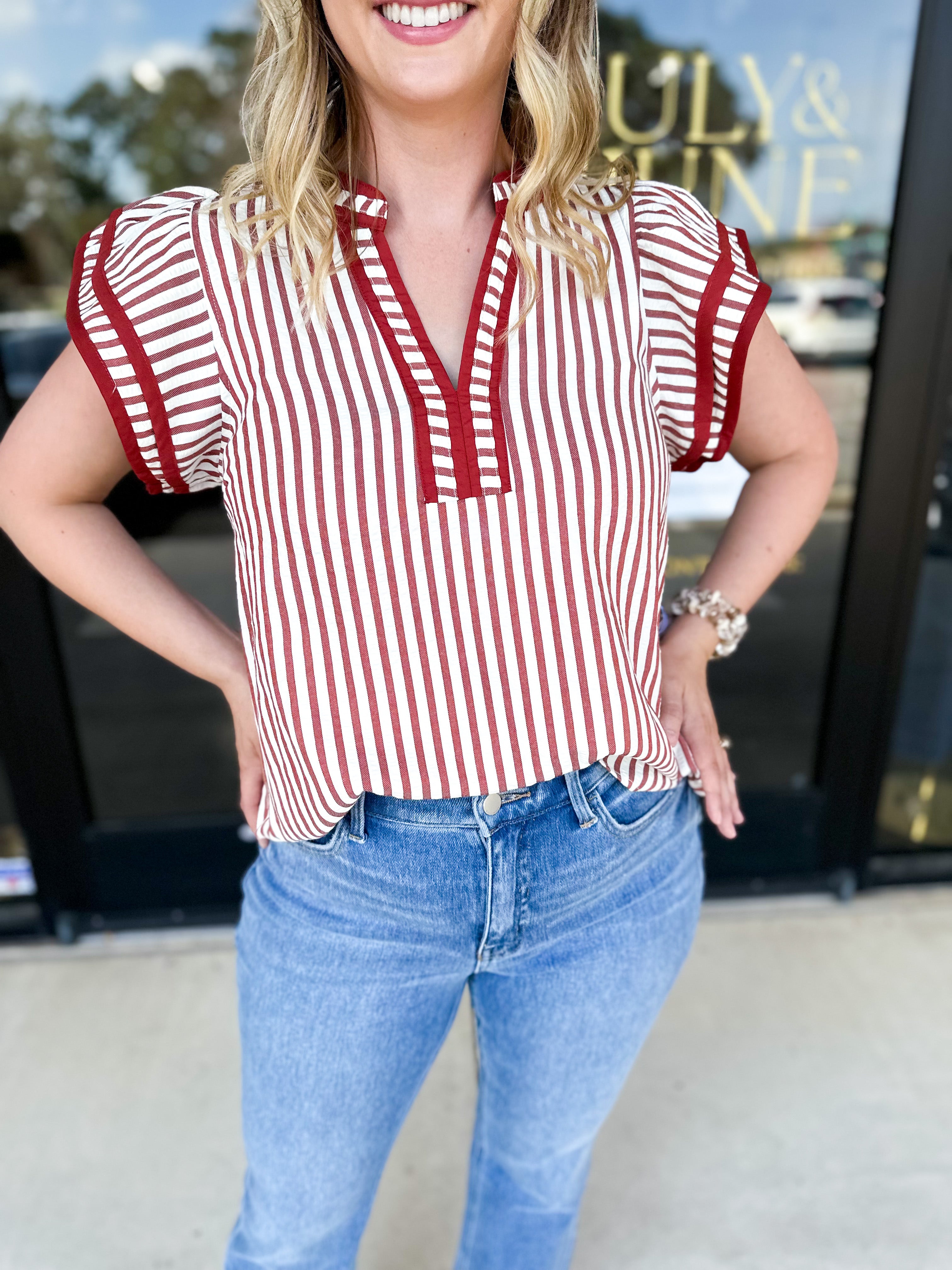 Rust Stripe Blouse-200 Fashion Blouses-ENTRO-July & June Women's Fashion Boutique Located in San Antonio, Texas