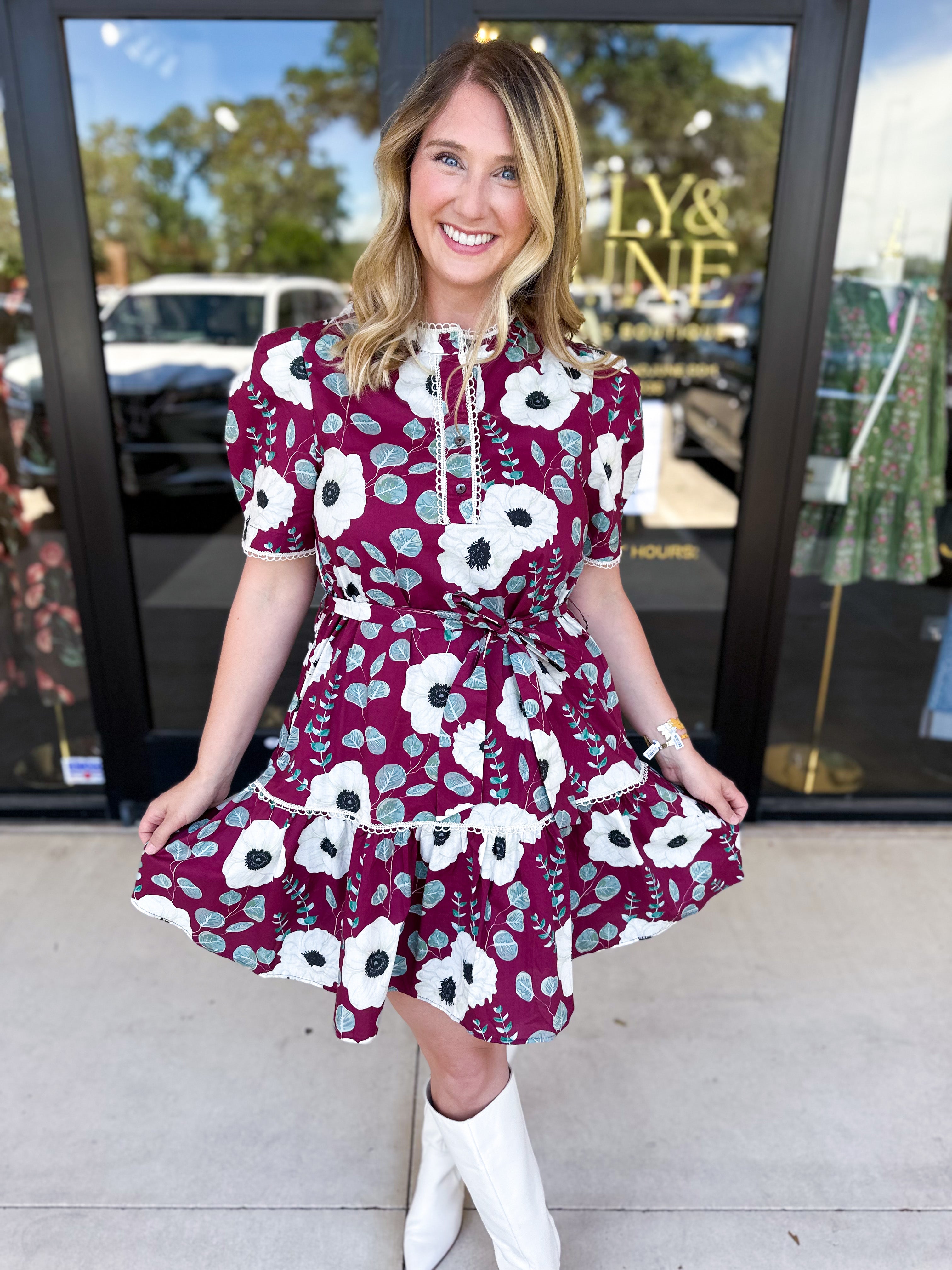 Plum Floral Mini Dress-510 Mini-ENTRO-July & June Women's Fashion Boutique Located in San Antonio, Texas