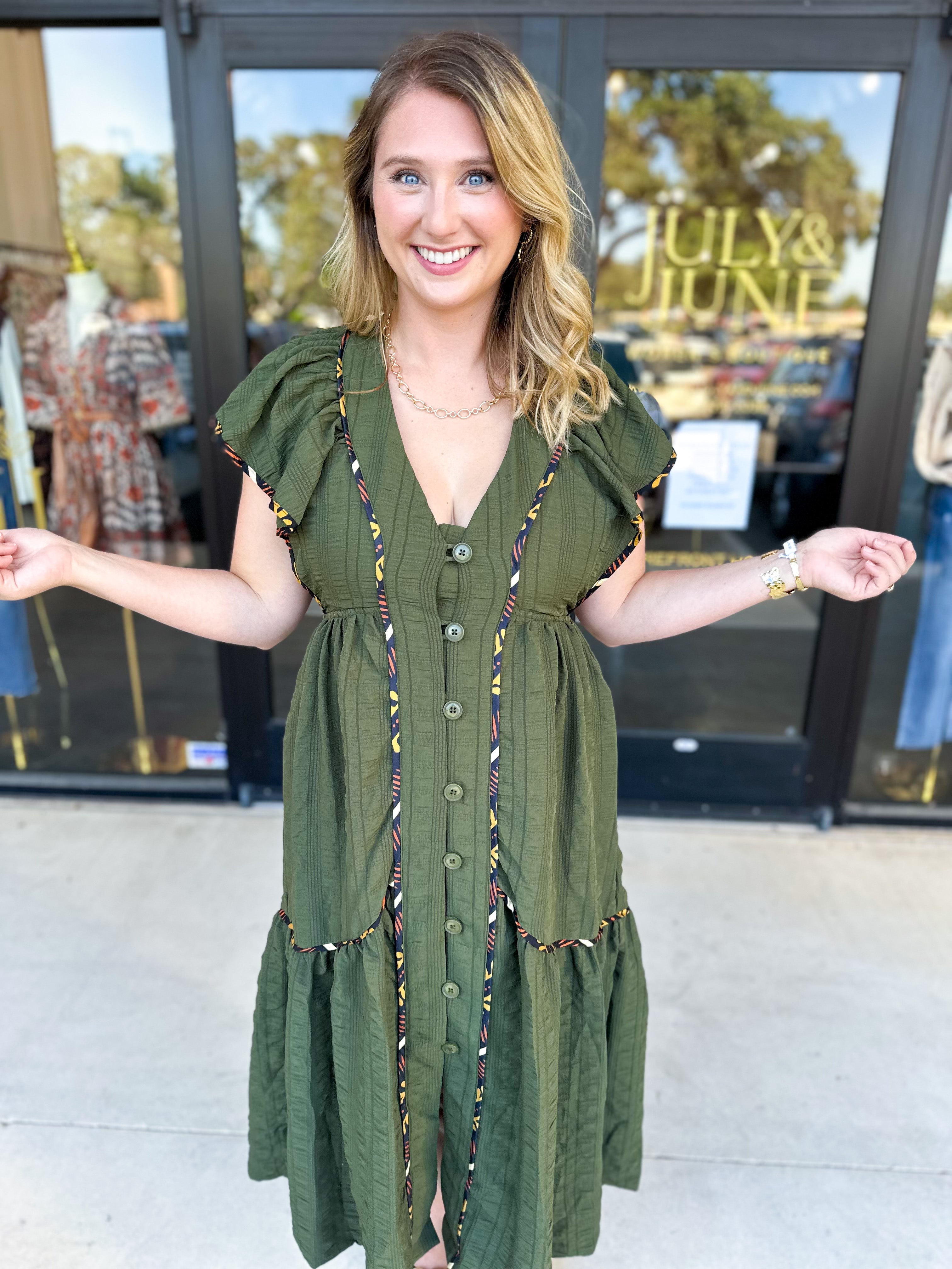 THML - Dark Olive Midi Dress-500 Midi-THML-July & June Women's Fashion Boutique Located in San Antonio, Texas