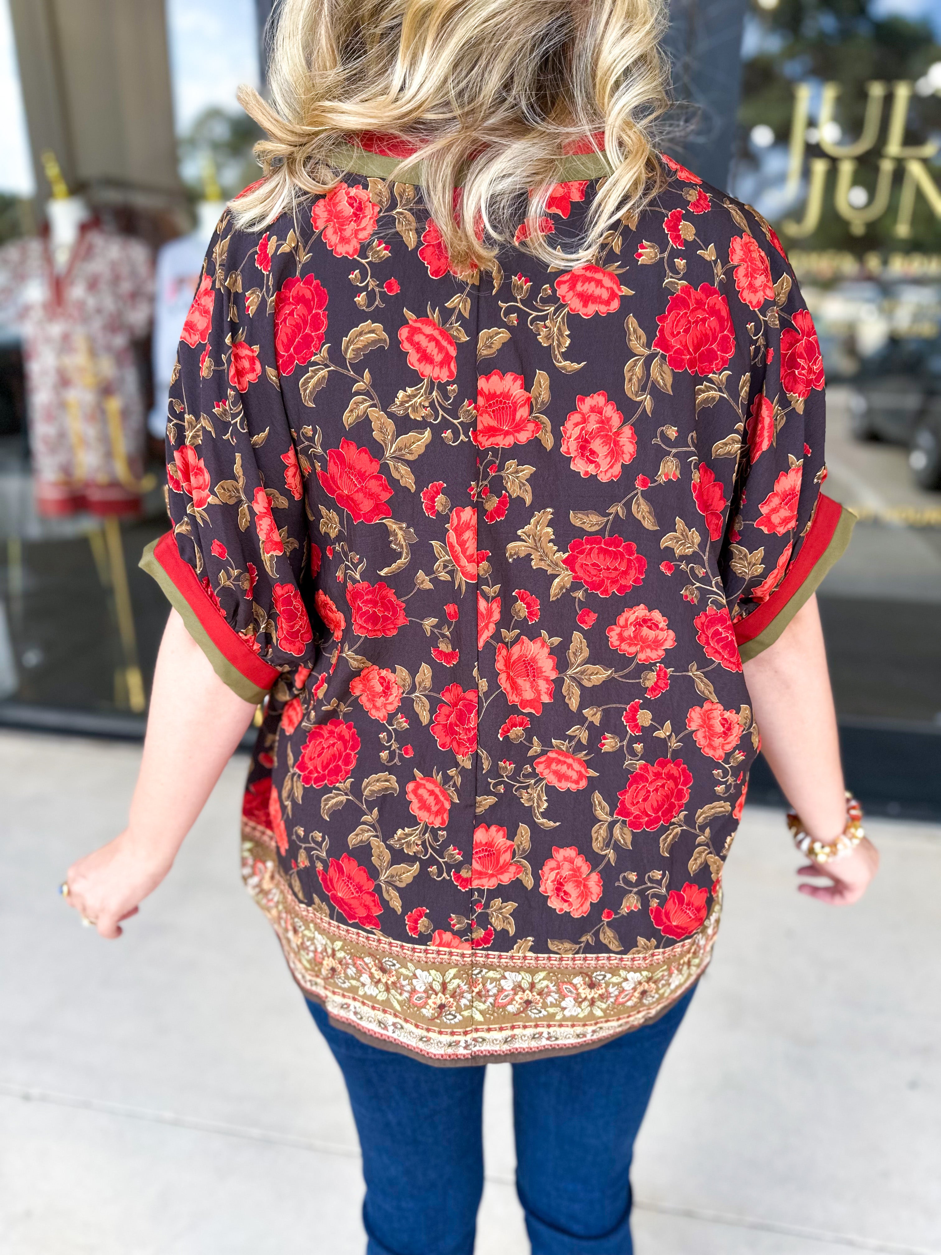 Fall Garden Blouse - Black-200 Fashion Blouses-ENTRO-July & June Women's Fashion Boutique Located in San Antonio, Texas