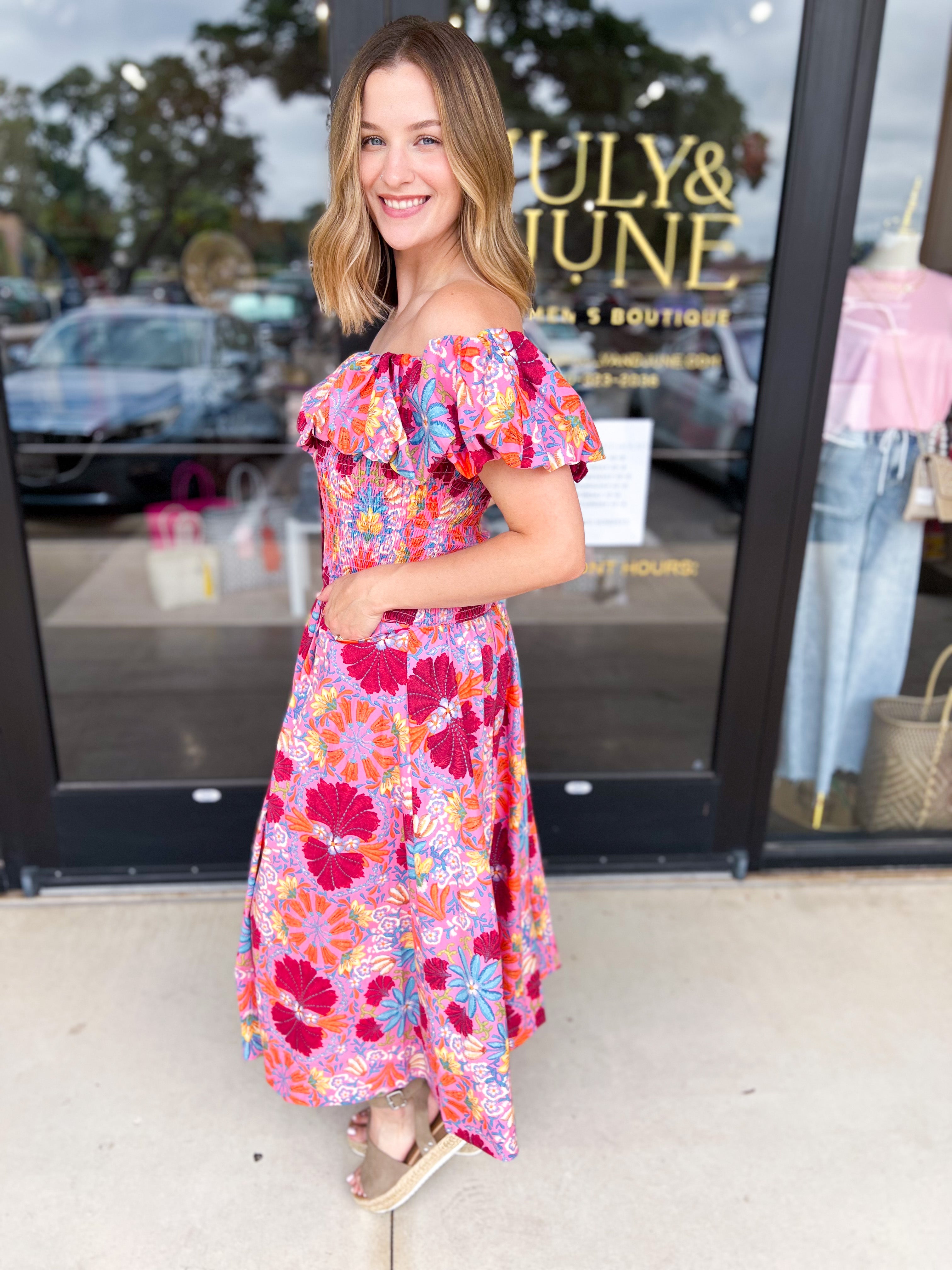 The Callie Floral Off The Shoulder Midi Dress-500 Midi-OLIVACEOUS-July & June Women's Fashion Boutique Located in San Antonio, Texas