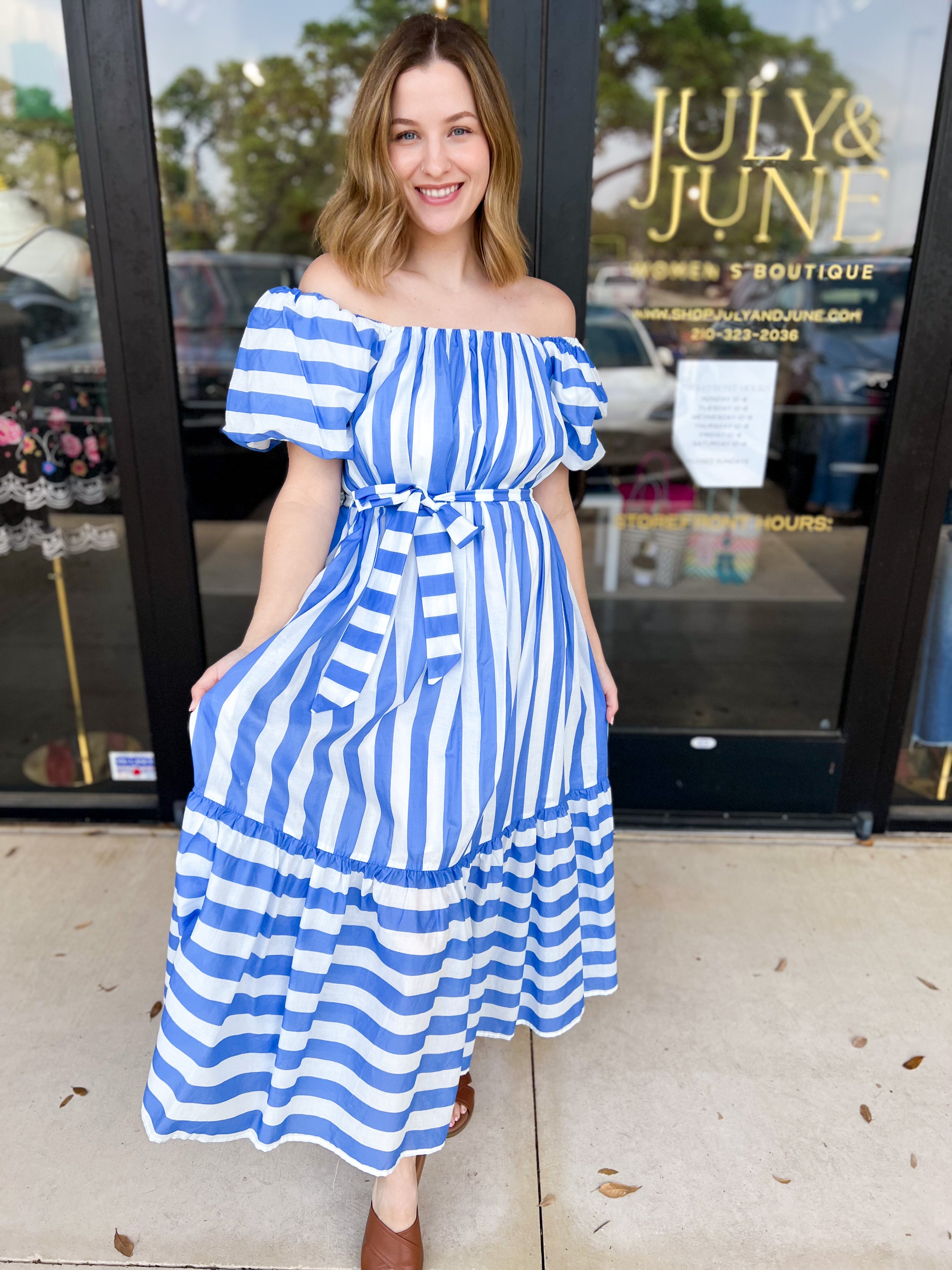 Beauty In Blue Stripes Midi Dress-500 Midi-PINCH-July & June Women's Fashion Boutique Located in San Antonio, Texas