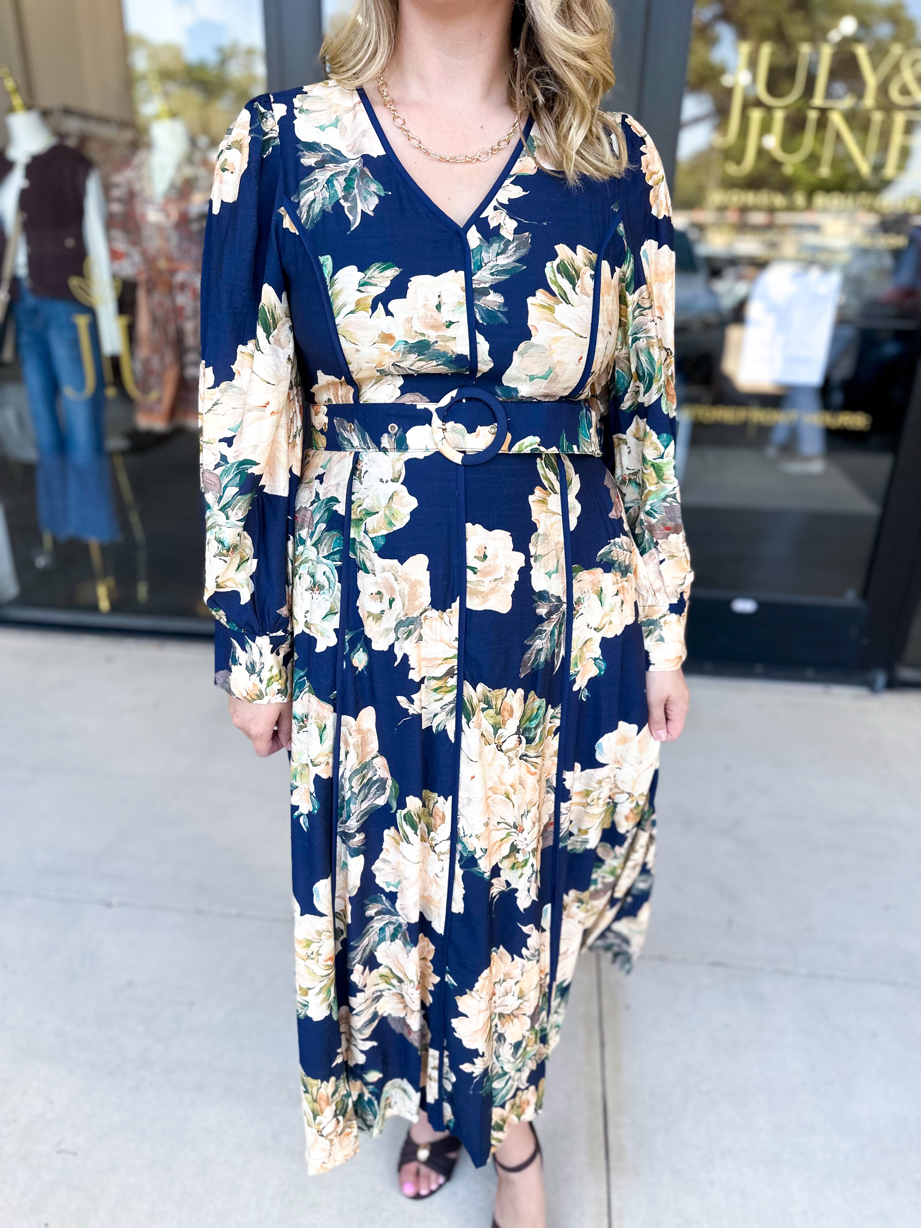 Fall Meadows Midi Dress - Midnight Blue-500 Midi-ENTRO-July & June Women's Fashion Boutique Located in San Antonio, Texas