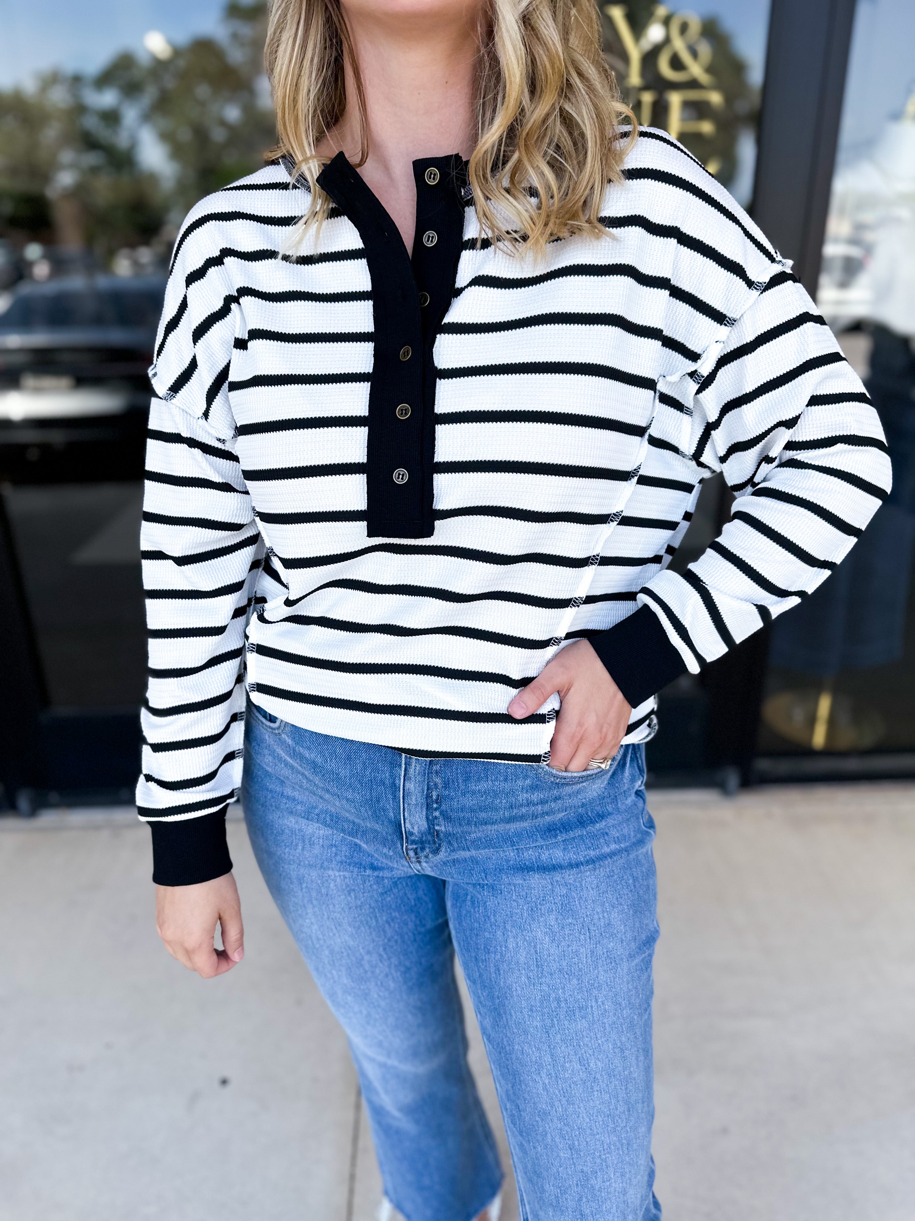 Comfy Henley Long Sleeve Top - Black & White-210 Casual Blouses-POLOGRAM-July & June Women's Fashion Boutique Located in San Antonio, Texas