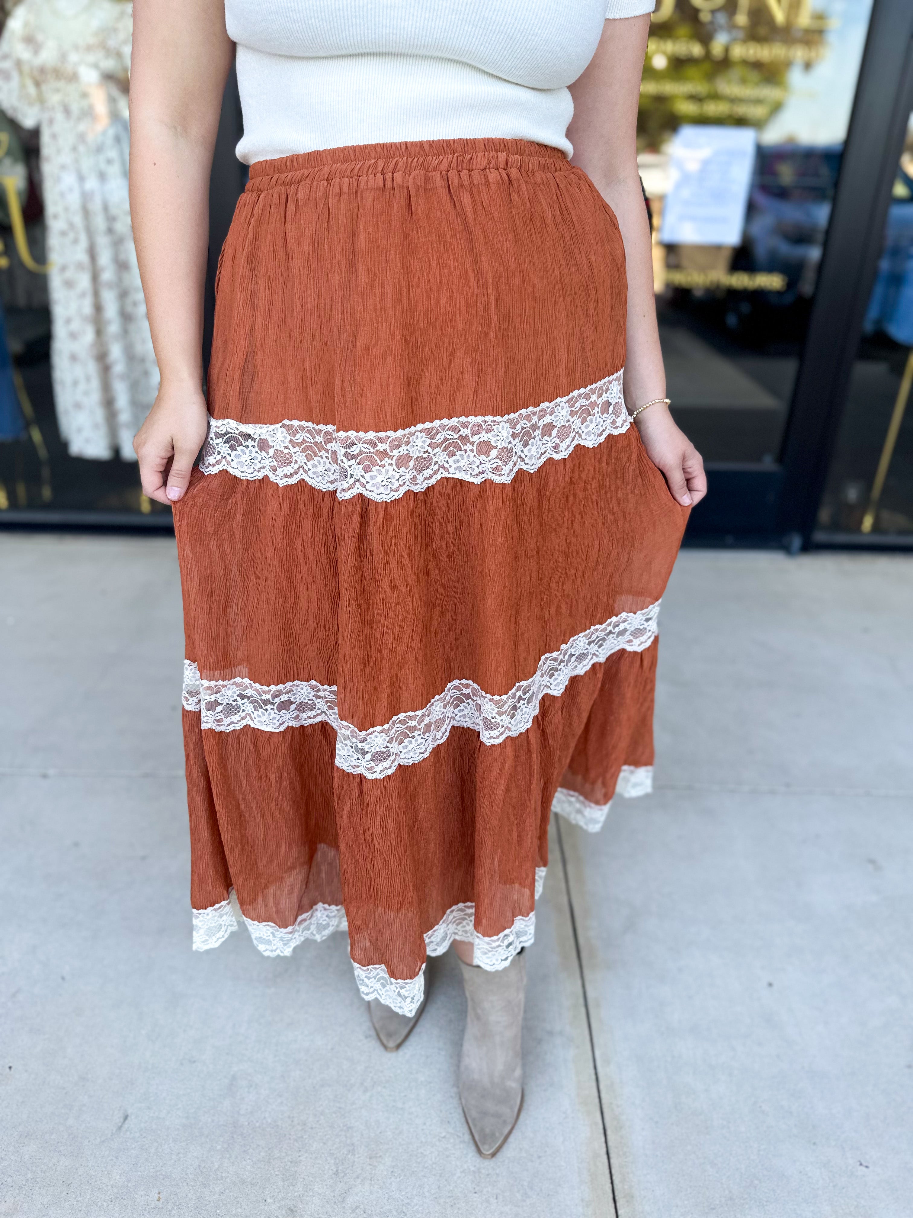 Rust Lace Midi Skirt-410 Shorts/Skirts-LISTICLE-July & June Women's Fashion Boutique Located in San Antonio, Texas