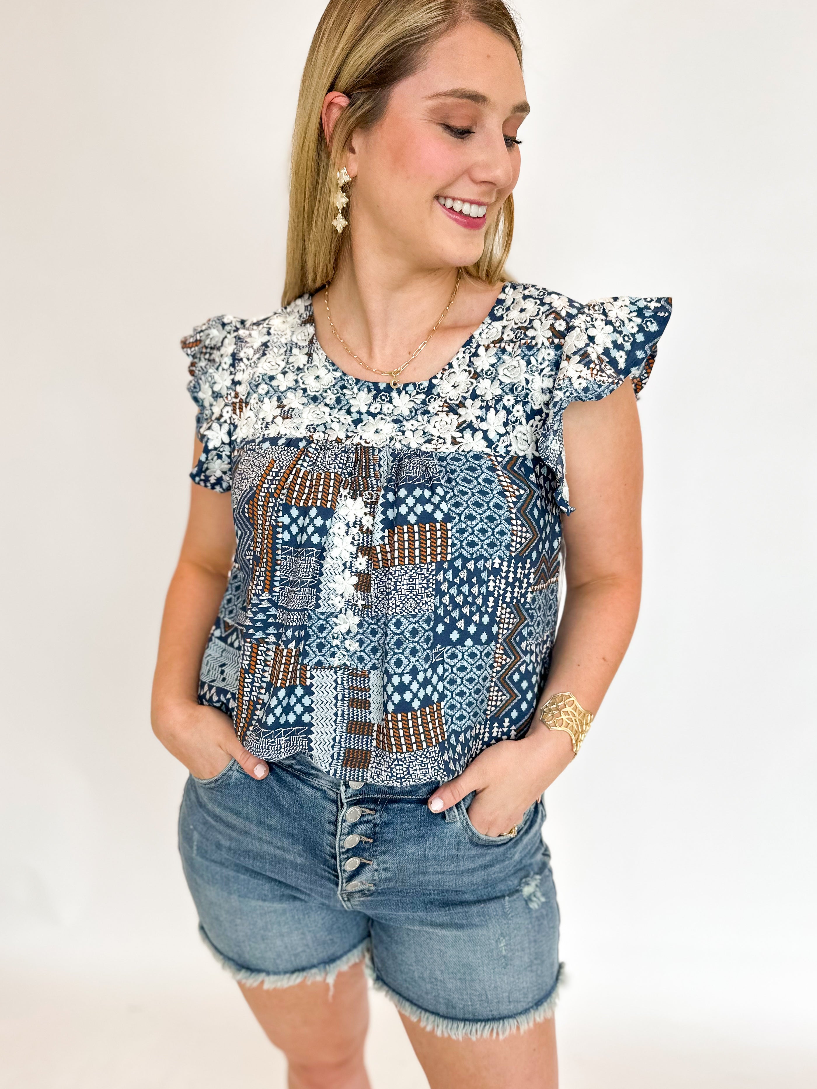 Blue Patchwork Embroidered Blouse-200 Fashion Blouses-ANDREE BY UNIT-July & June Women's Fashion Boutique Located in San Antonio, Texas