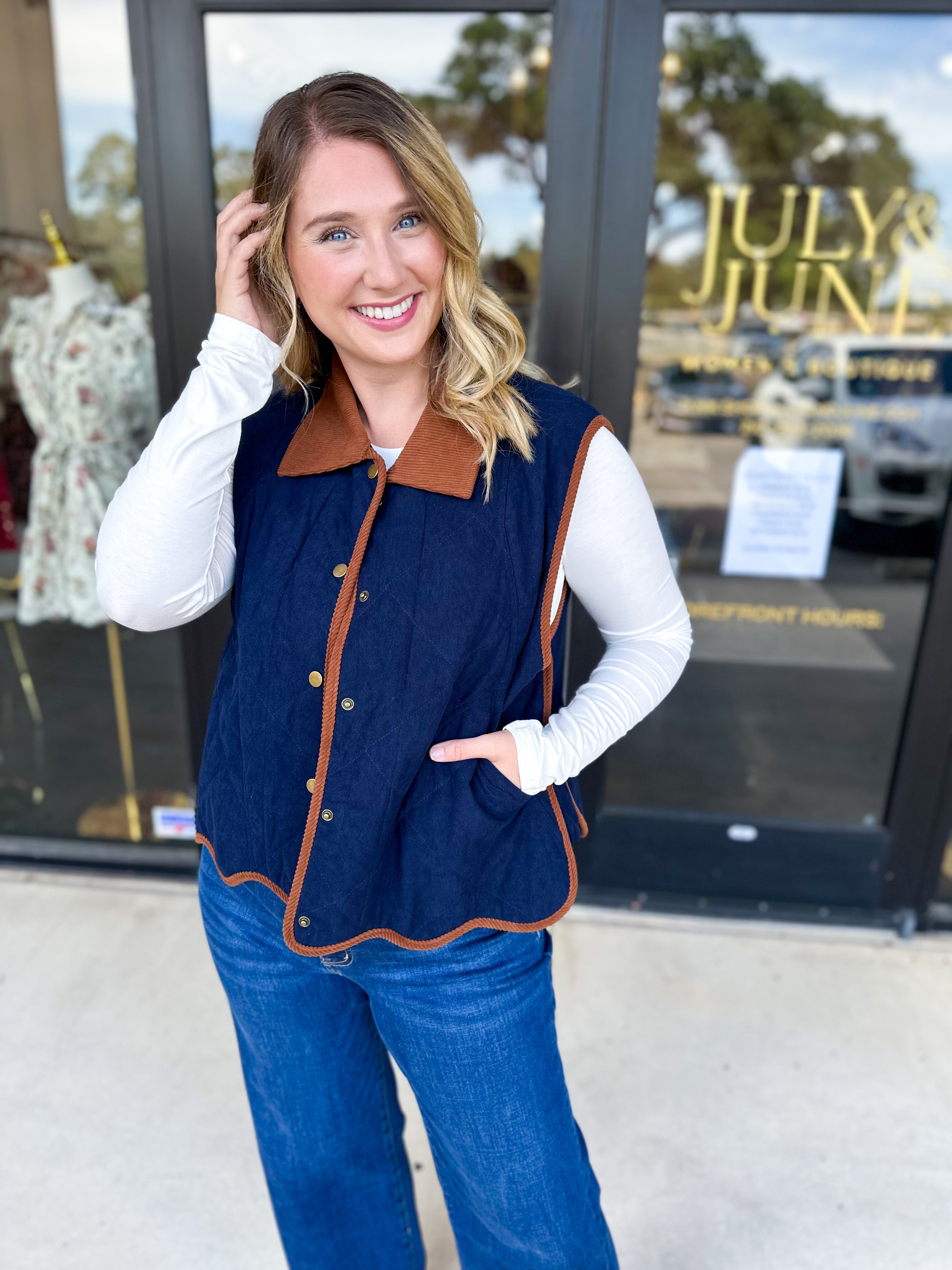 Navy & Suede Vest-600 Outerwear-ENTRO-July & June Women's Fashion Boutique Located in San Antonio, Texas