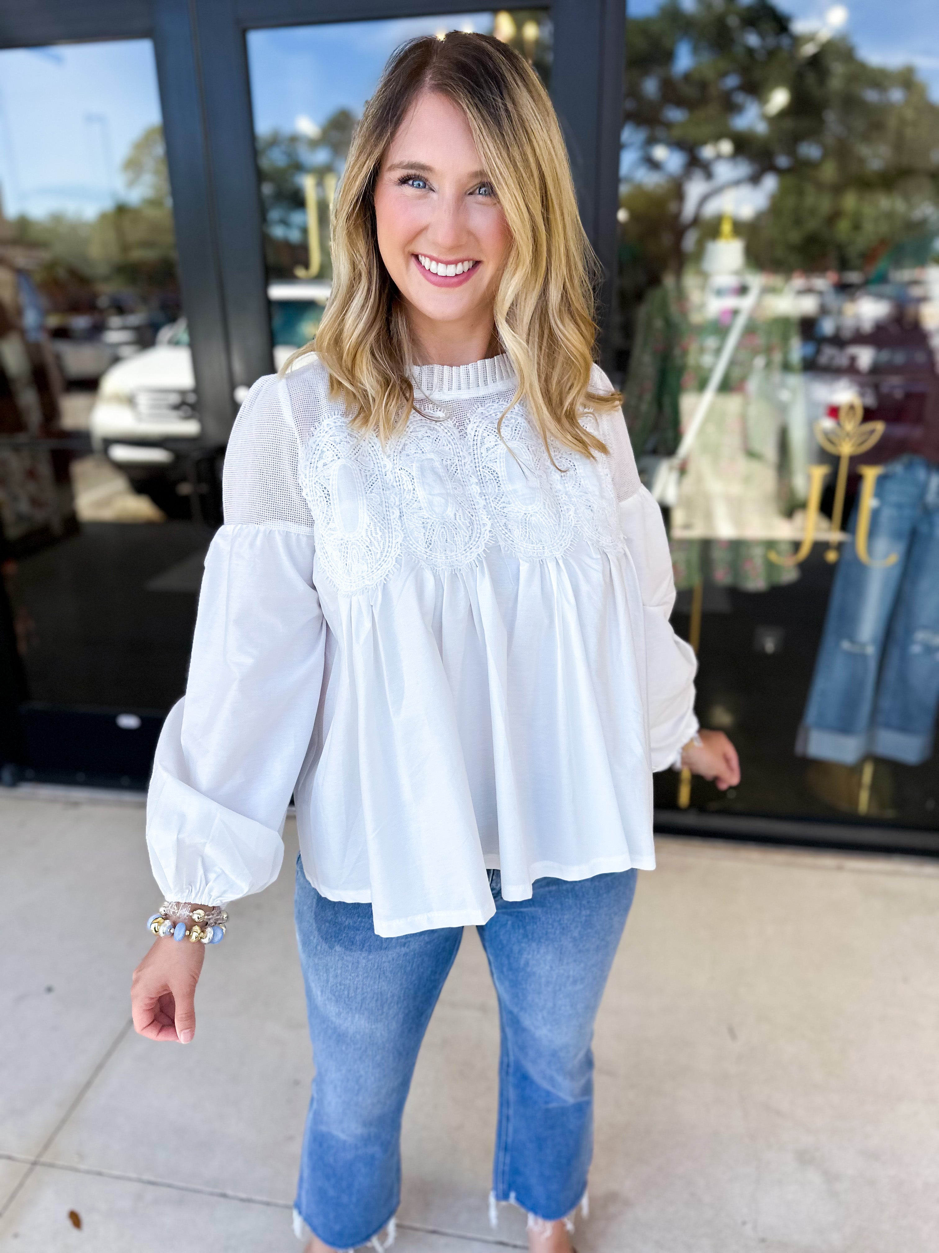 The Lace Details Blouse Long Sleeve - Ivory-200 Fashion Blouses-FATE-July & June Women's Fashion Boutique Located in San Antonio, Texas