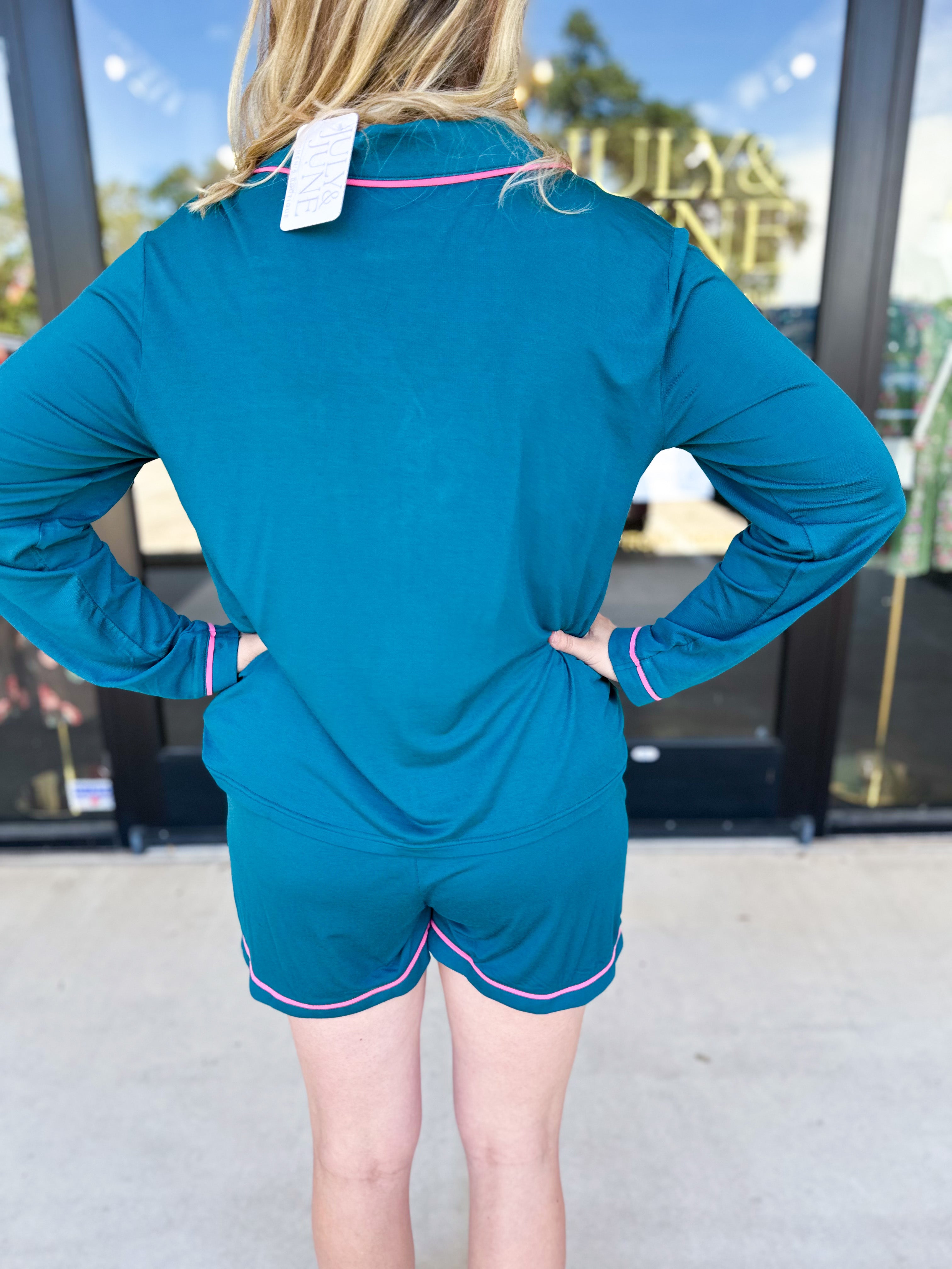 Mary Square - Charlotte Teal & Hot Pink PJ Set-300 Athleisure/Lounge-MARY SQUARE-July & June Women's Fashion Boutique Located in San Antonio, Texas