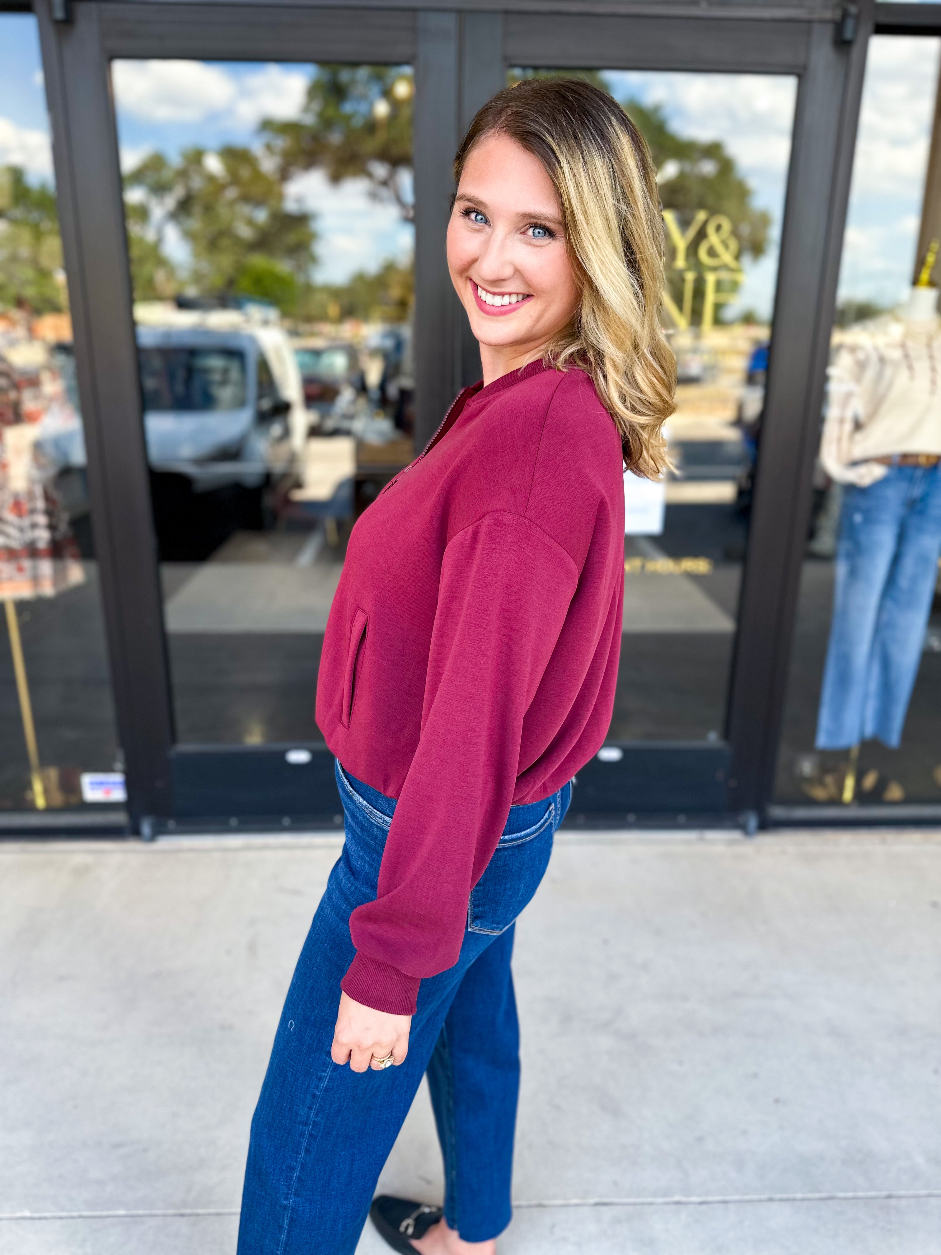 Soft Modal Bomber Jacket - Wine-300 Athleisure/Lounge-SKIES ARE BLUE-July & June Women's Fashion Boutique Located in San Antonio, Texas