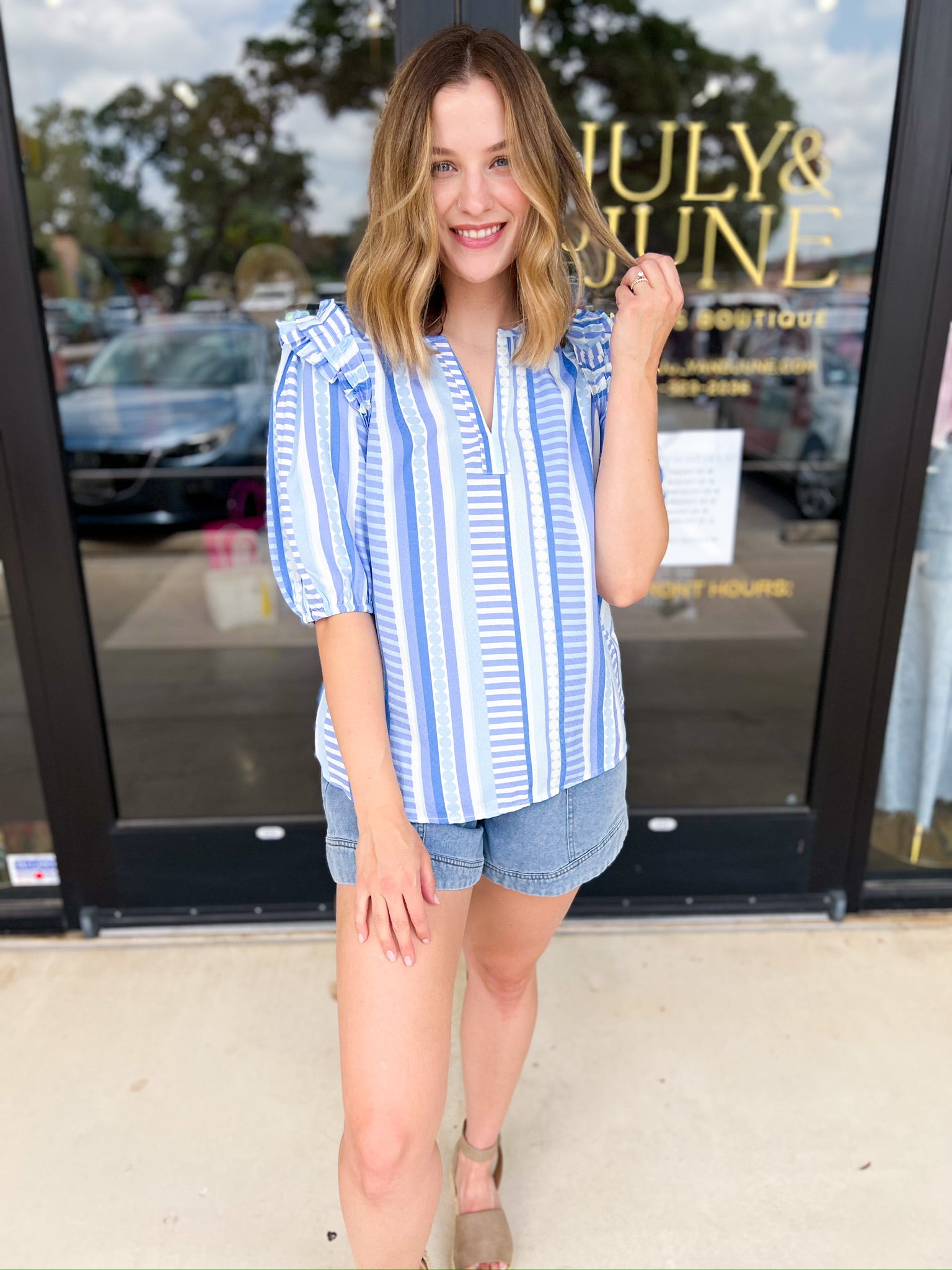 Mary Square - Blue Skylar Blouse-200 Fashion Blouses-MARY SQUARE-July & June Women's Fashion Boutique Located in San Antonio, Texas
