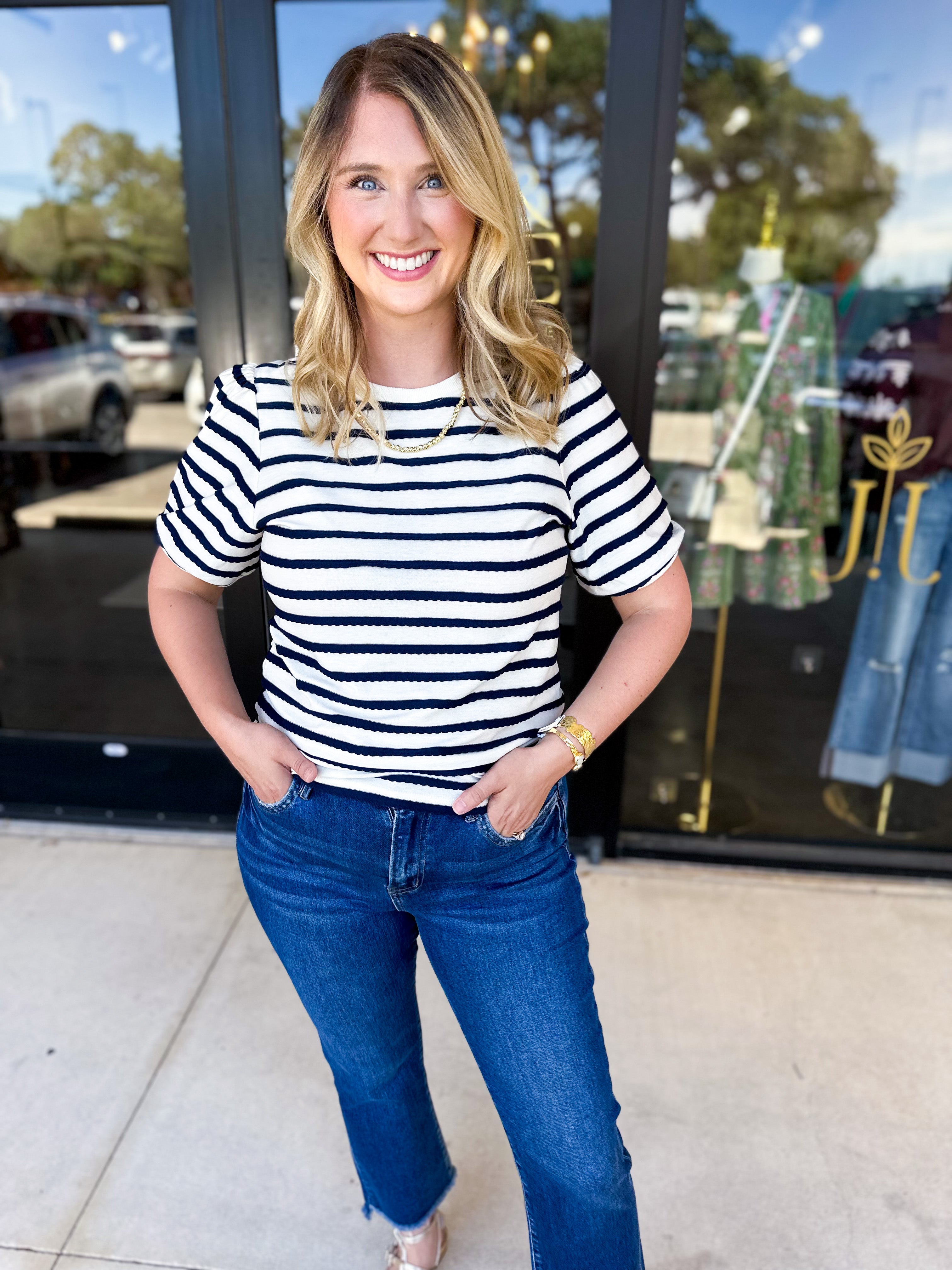 Striped Round Neck Tee - Navy-210 Casual Blouses-POLOGRAM-July & June Women's Fashion Boutique Located in San Antonio, Texas