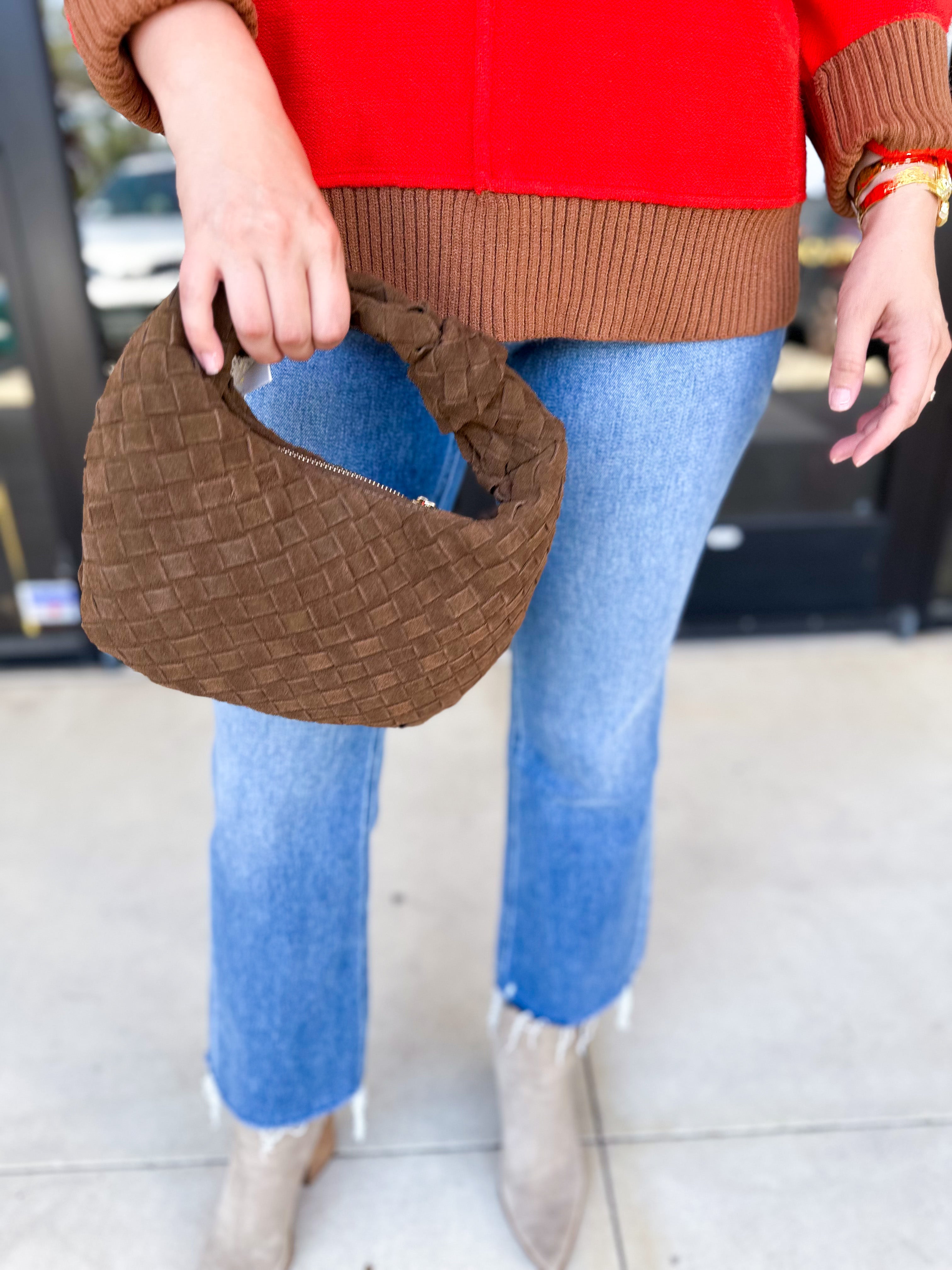 Autumn Woven Genuine Suede Leather Clutch - Chocolate-130 ACCESSORIES-Moda Luxe-July & June Women's Fashion Boutique Located in San Antonio, Texas