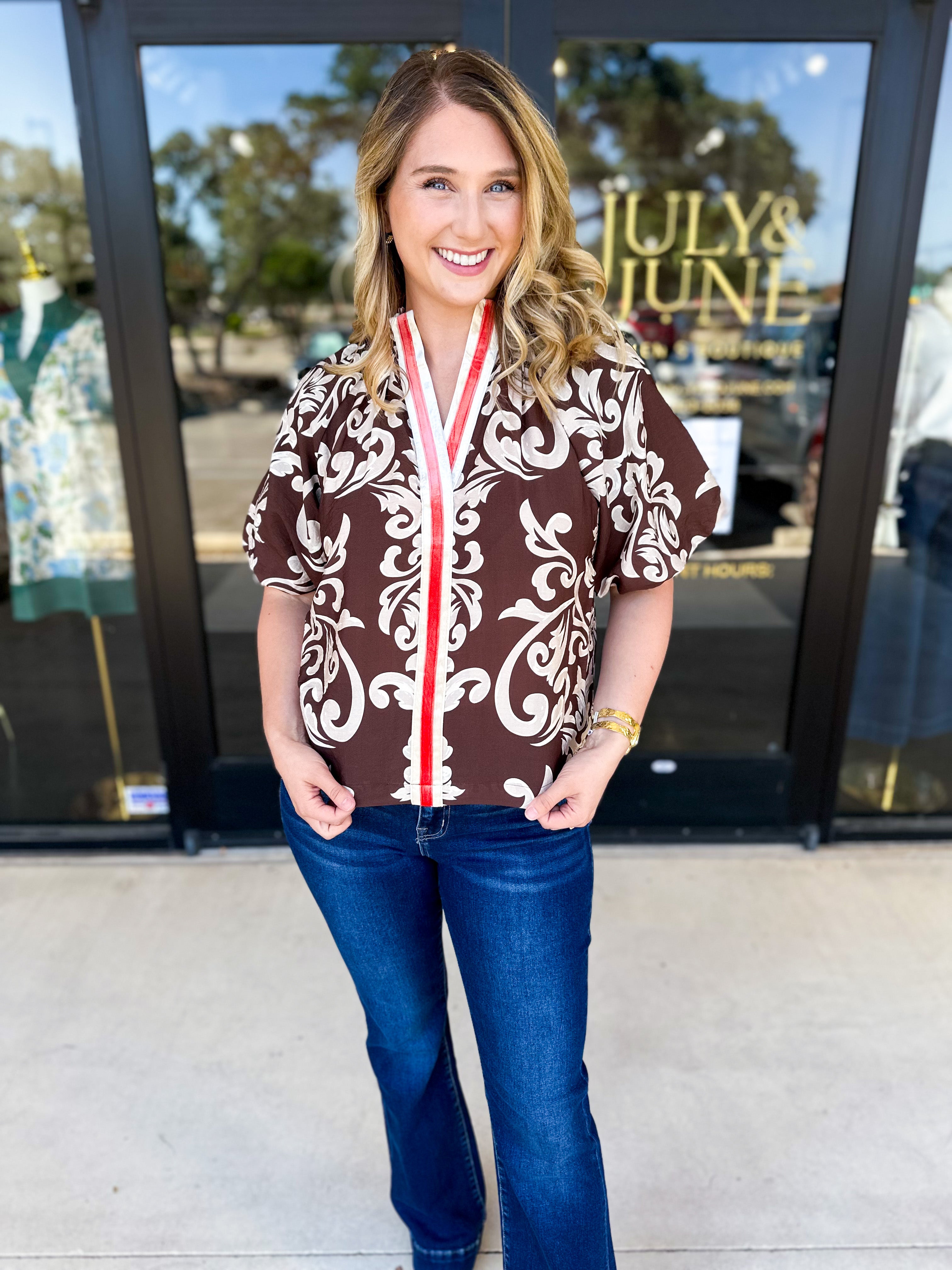 THML - Mocha Scroll Blouse-200 Fashion Blouses-THML-July & June Women's Fashion Boutique Located in San Antonio, Texas