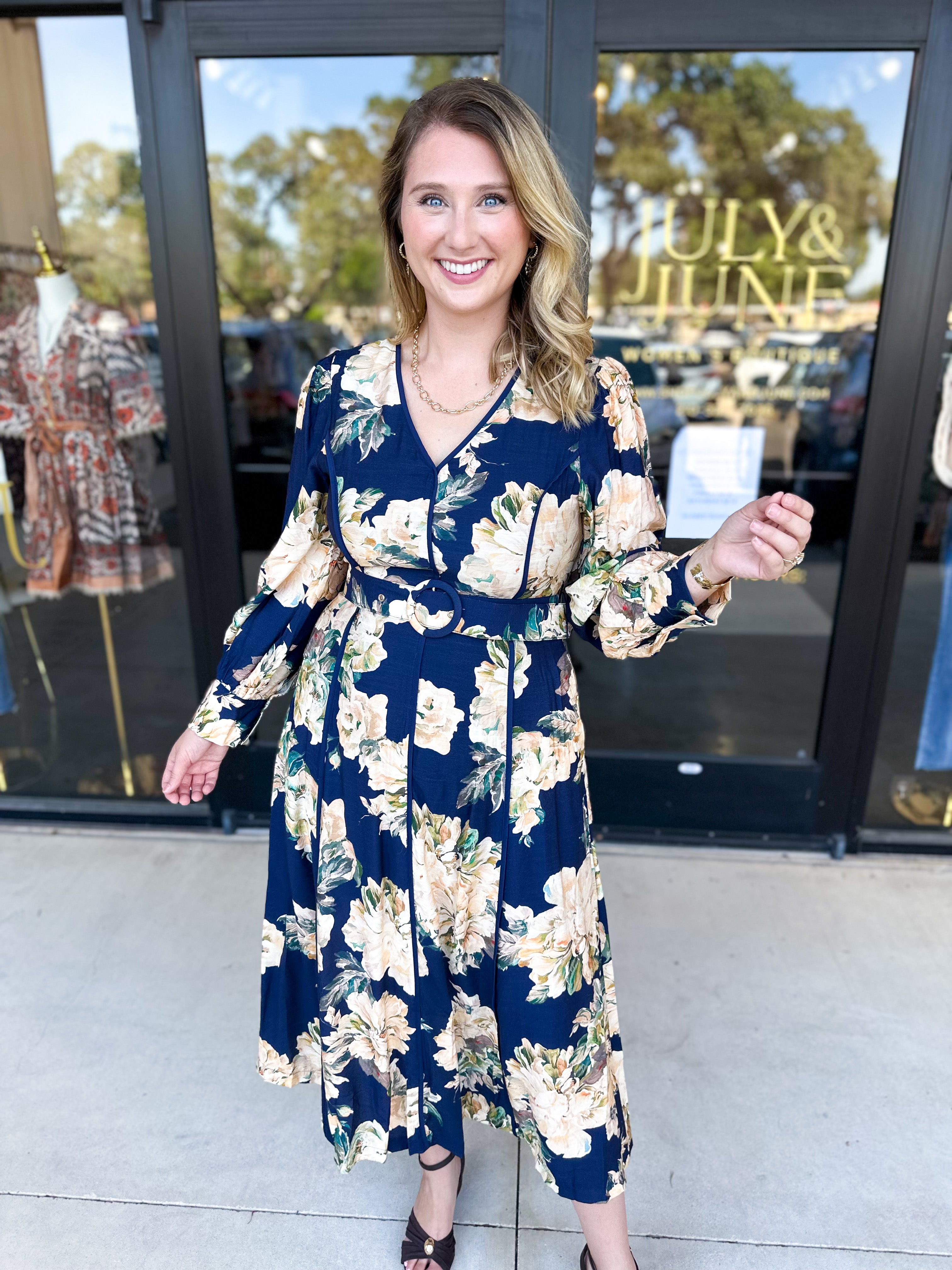 Fall Meadows Midi Dress - Midnight Blue-500 Midi-ENTRO-July & June Women's Fashion Boutique Located in San Antonio, Texas