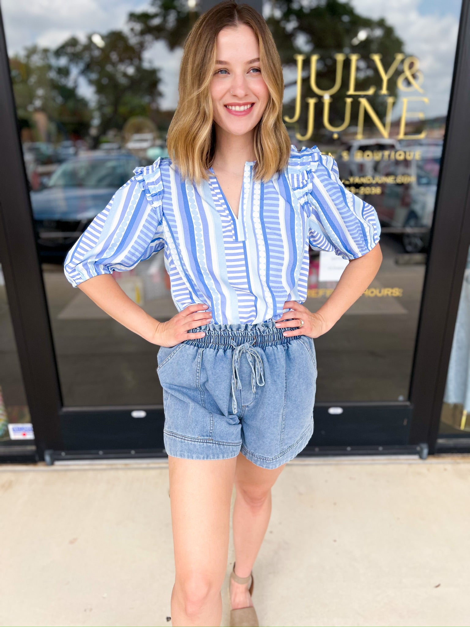 Mary Square - Blue Skylar Blouse-200 Fashion Blouses-MARY SQUARE-July & June Women's Fashion Boutique Located in San Antonio, Texas