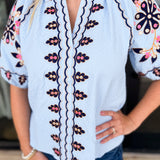 THML - Baby Blues Embroidered Blouse-200 Fashion Blouses-THML-July & June Women's Fashion Boutique Located in San Antonio, Texas