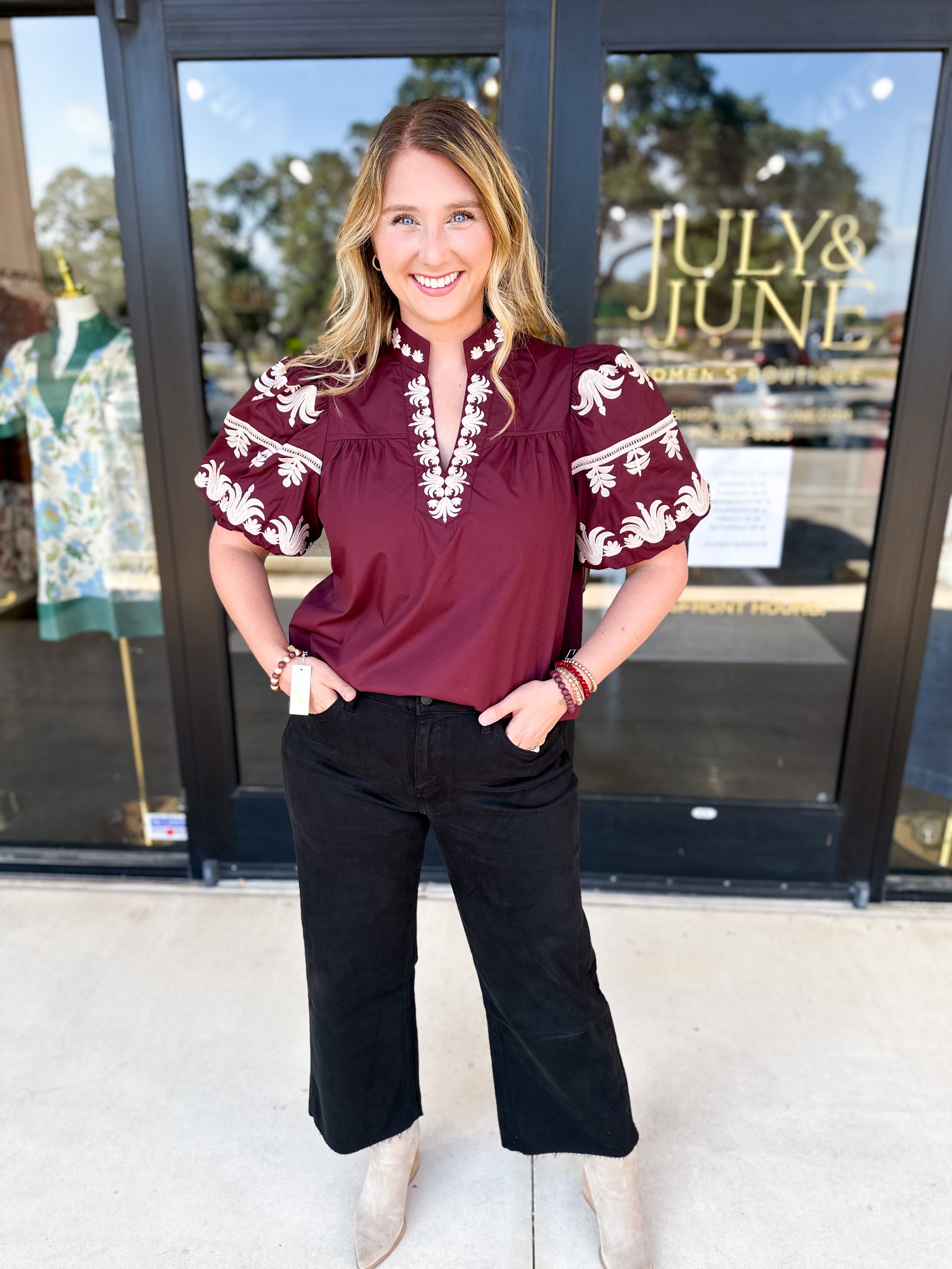 Maroon Embroidered Blouse-200 Fashion Blouses-ENTRO-July & June Women's Fashion Boutique Located in San Antonio, Texas