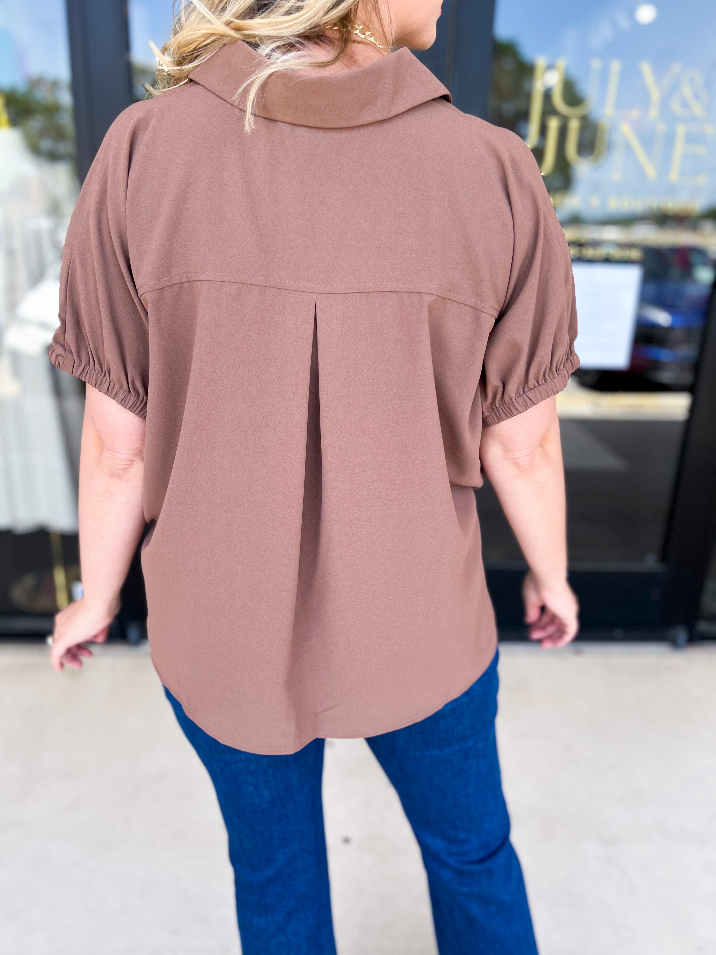 Closet Staple Collared Blouse - Mocha-200 Fashion Blouses-ENTRO-July & June Women's Fashion Boutique Located in San Antonio, Texas