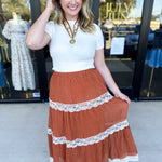 Rust Lace Midi Skirt-410 Shorts/Skirts-LISTICLE-July & June Women's Fashion Boutique Located in San Antonio, Texas