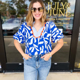 THML - Bold Blue & Orange Blouse-200 Fashion Blouses-THML-July & June Women's Fashion Boutique Located in San Antonio, Texas