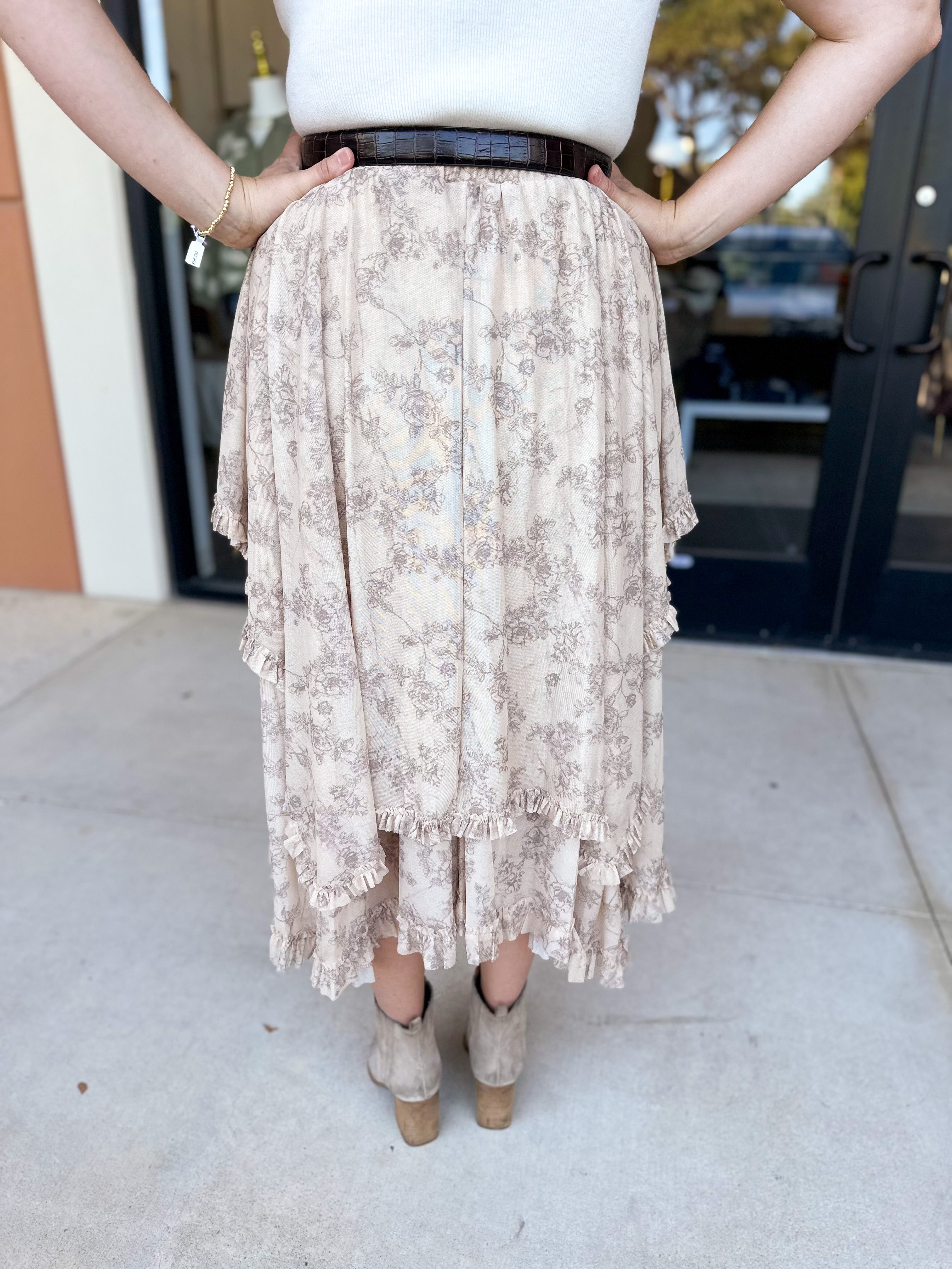 Mocha Floral Midi Skirt-410 Shorts/Skirts-POLOGRAM-July & June Women's Fashion Boutique Located in San Antonio, Texas