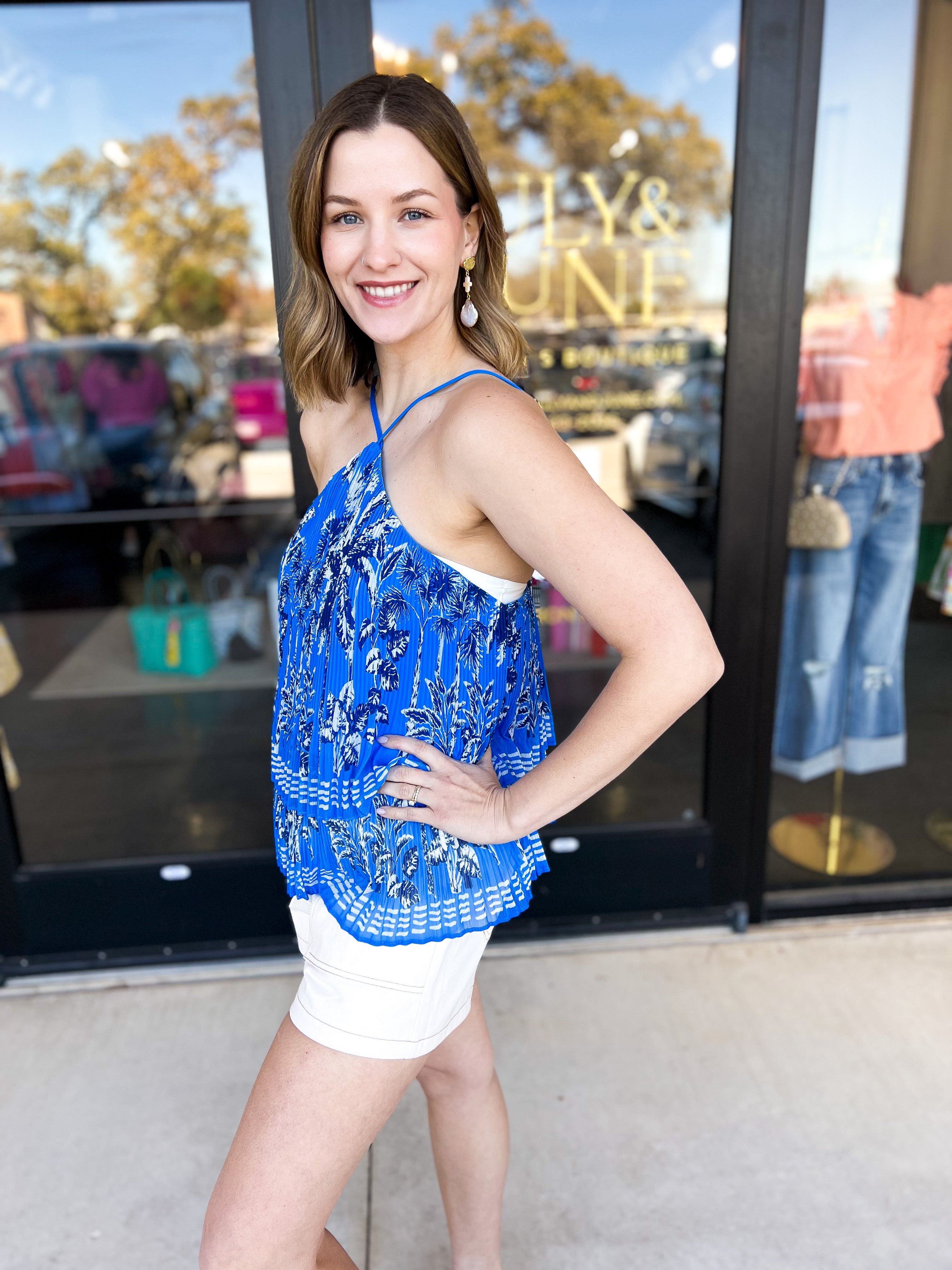 Beachside Halter Cami-200 Fashion Blouses-SKIES ARE BLUE-July & June Women's Fashion Boutique Located in San Antonio, Texas