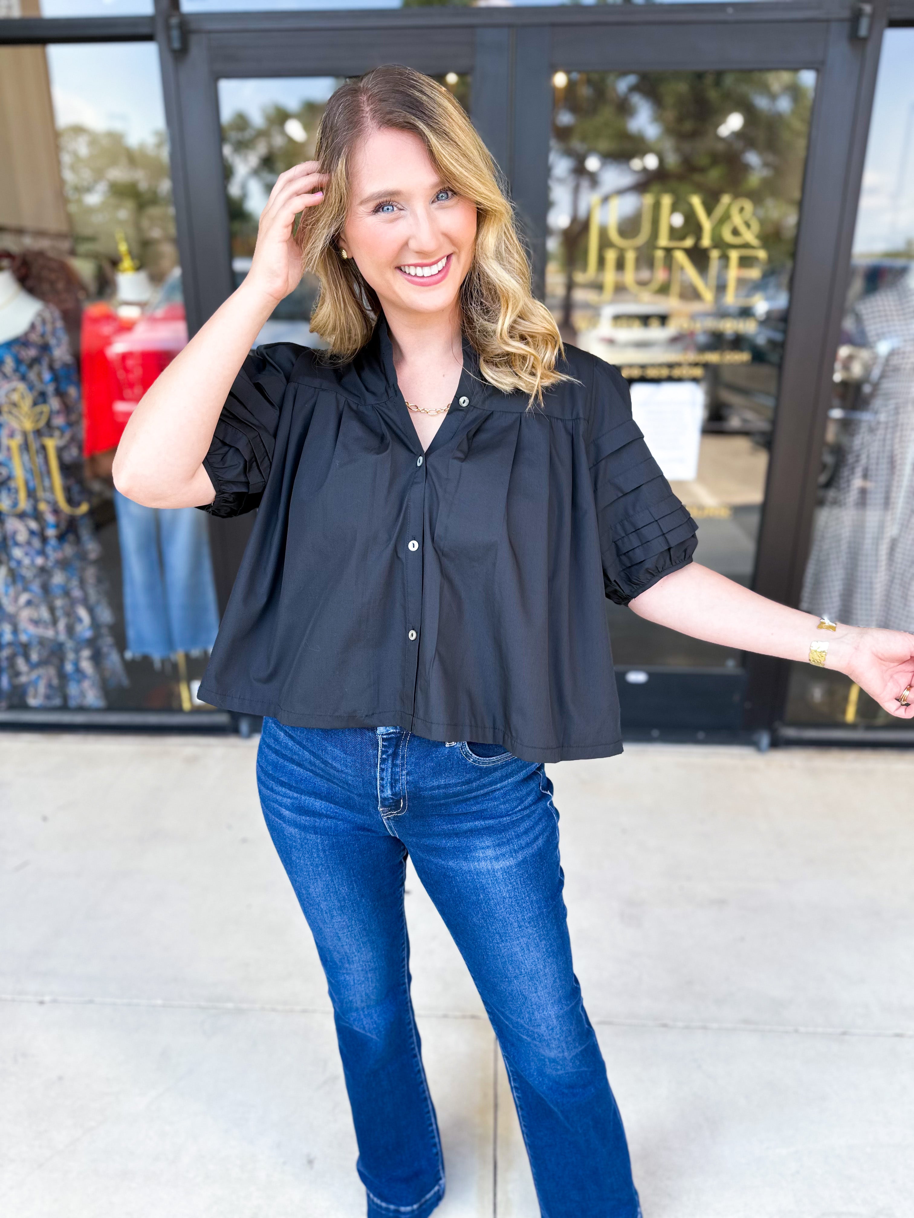 Pleated Black Blouse-200 Fashion Blouses-ENTRO-July & June Women's Fashion Boutique Located in San Antonio, Texas