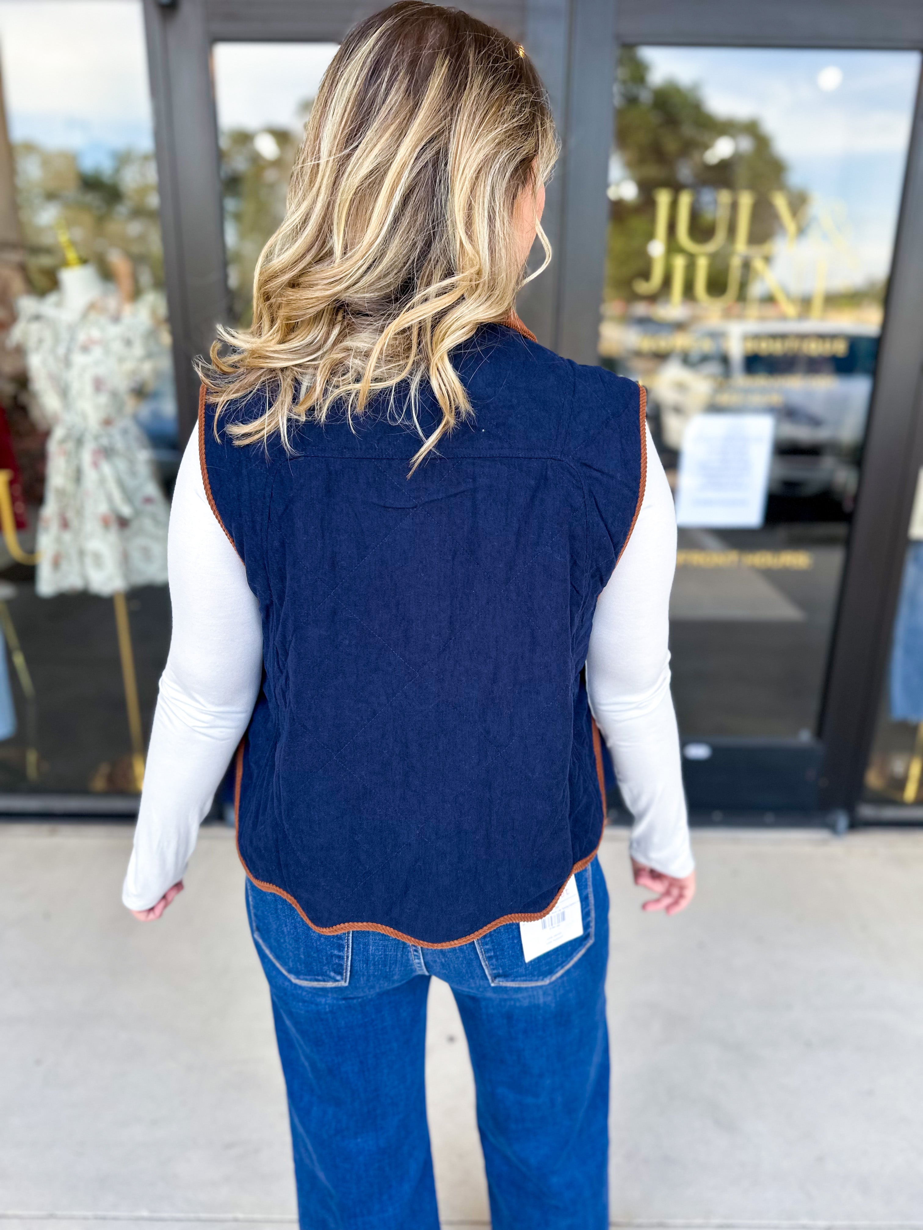 Navy & Suede Vest-600 Outerwear-ENTRO-July & June Women's Fashion Boutique Located in San Antonio, Texas