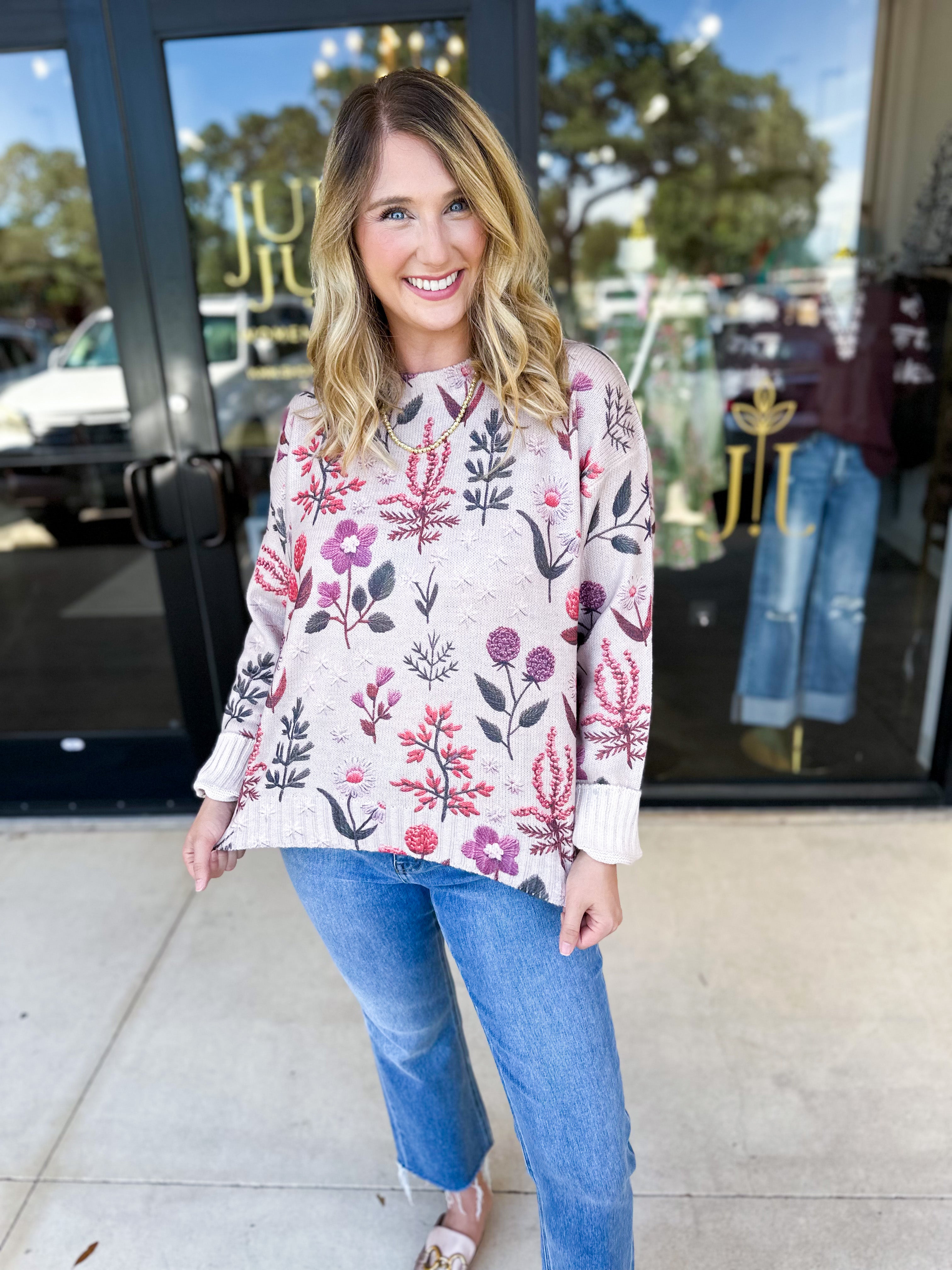 Whimsical Floral Knit Sweater-230 Sweaters/Cardis-ENTRO-July & June Women's Fashion Boutique Located in San Antonio, Texas