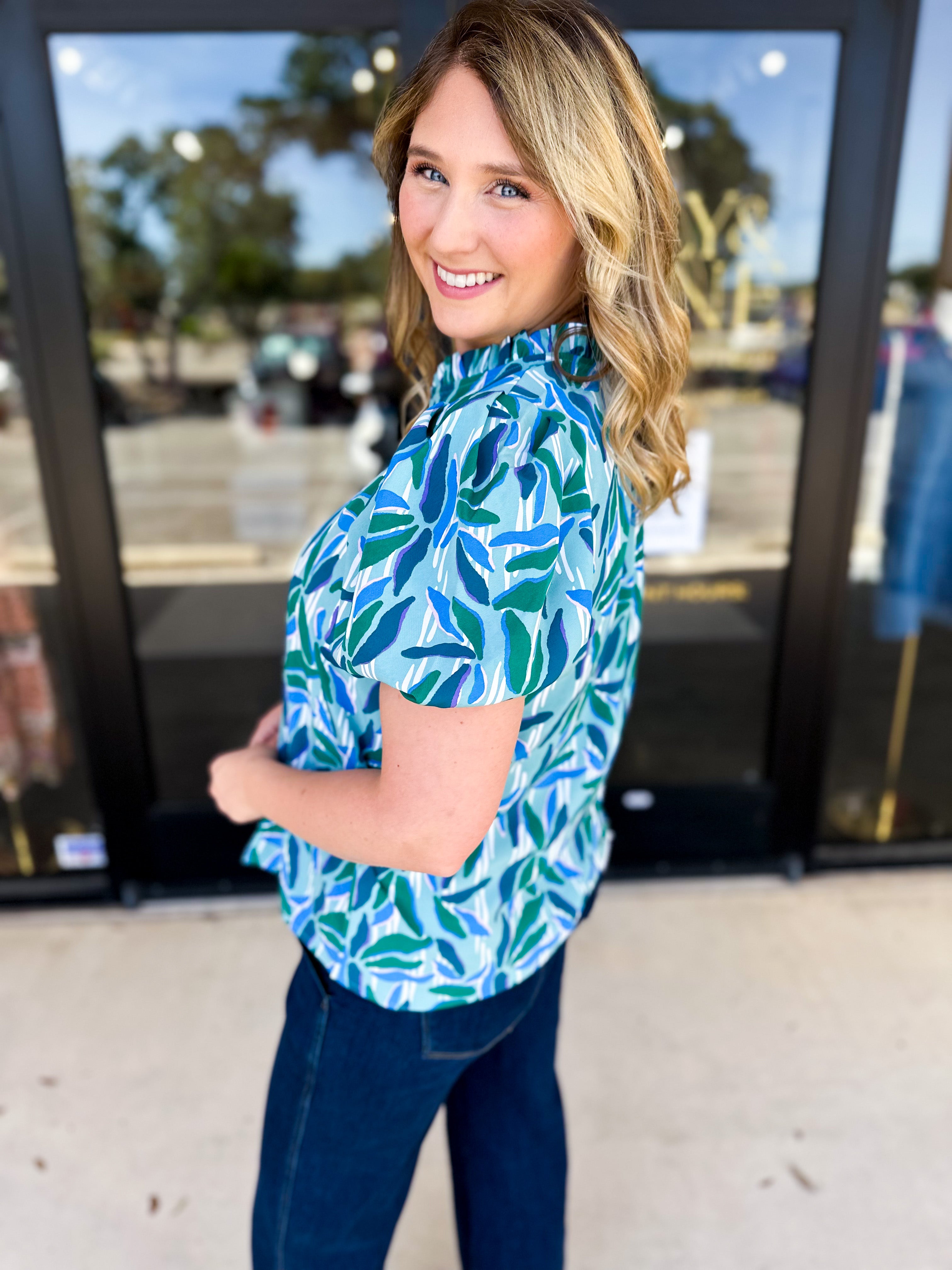 Mary Square - Lainey Reflecting Green Blouse-200 Fashion Blouses-MARY SQUARE-July & June Women's Fashion Boutique Located in San Antonio, Texas