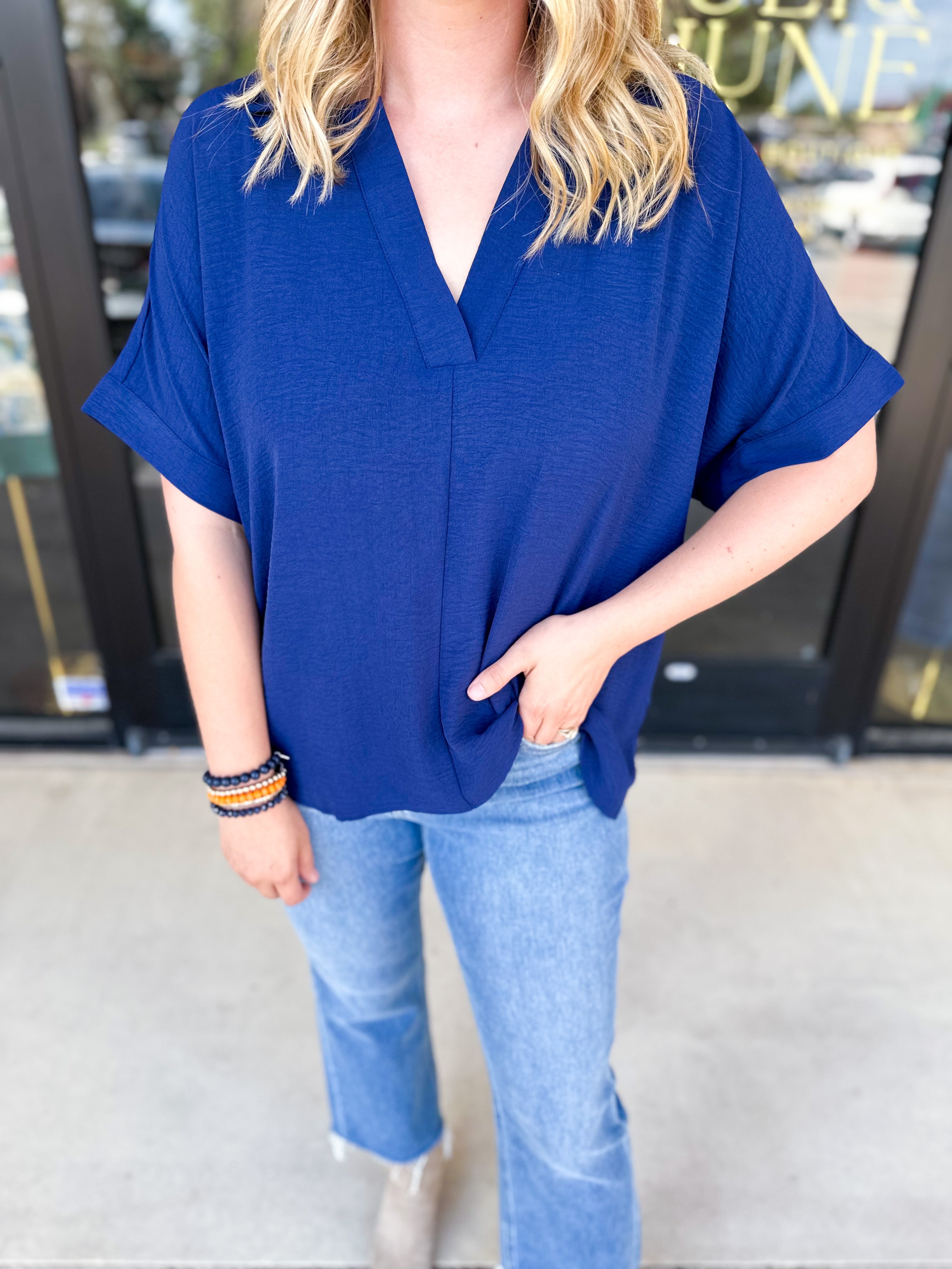 The Everyday Collard Blouse - Navy-200 Fashion Blouses-JODIFL-July & June Women's Fashion Boutique Located in San Antonio, Texas